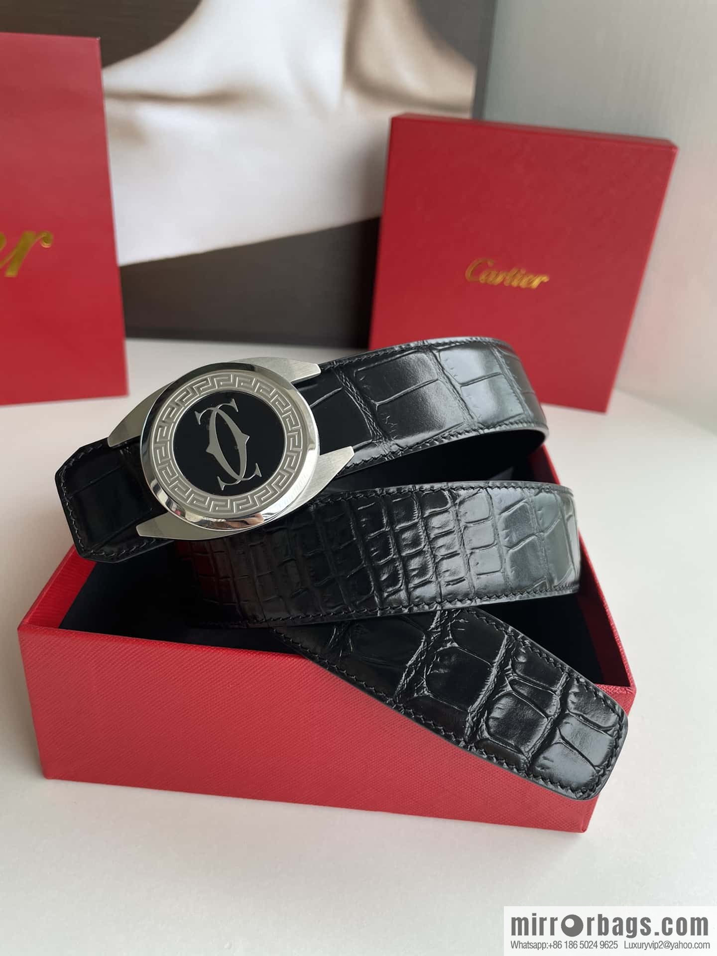 Cartier Cartier, stainless steel metal buckle imported cowhide fine imitation crocodile leather belt 3.5cm
