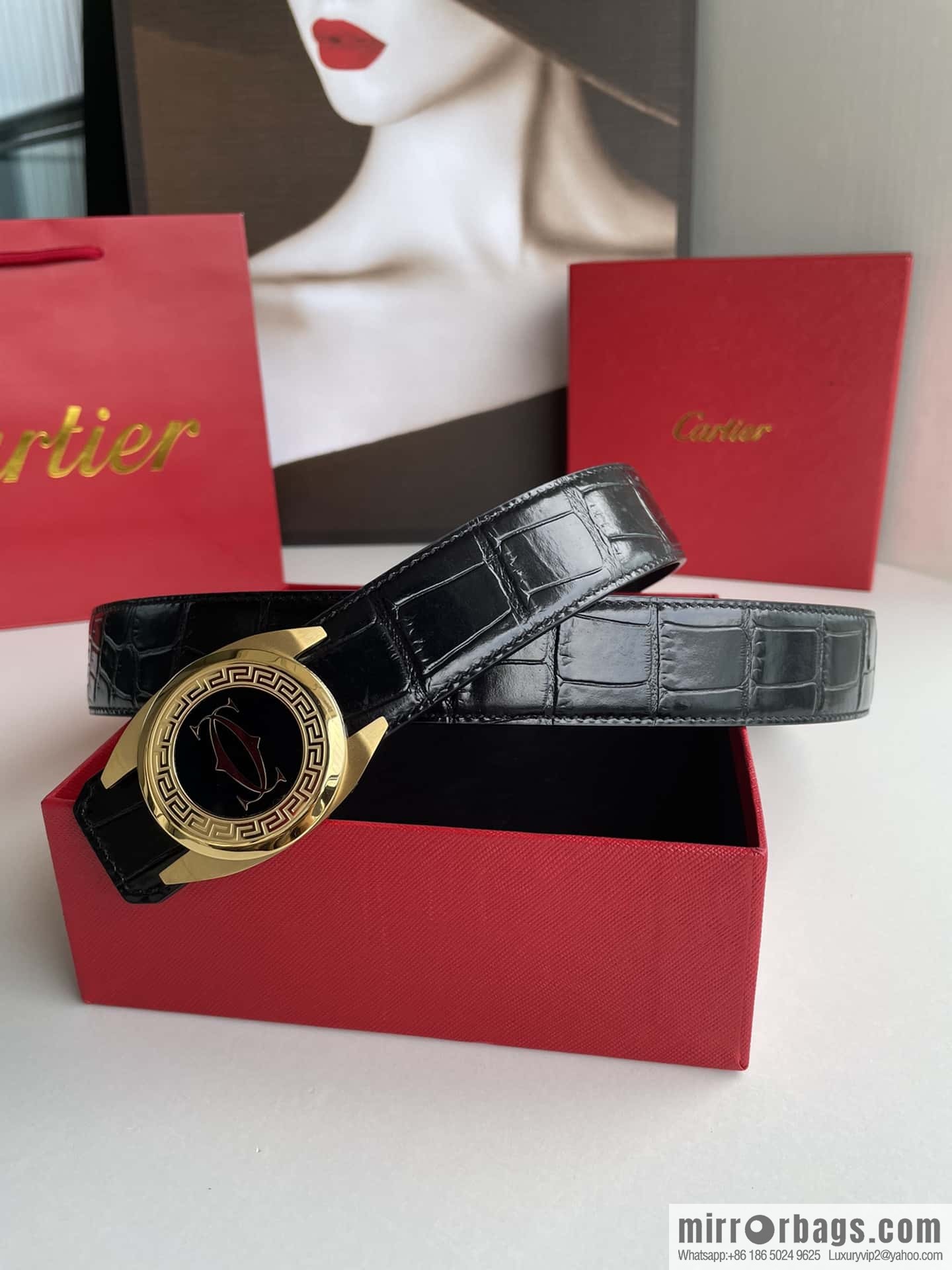 Cartier Cartier, stainless steel metal buckle imported cowhide fine imitation crocodile leather belt 3.5cm