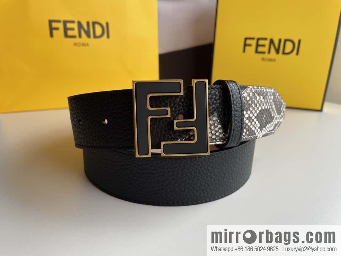 FENDI Fendi FF logo exquisite craftsmanship metal buckle first layer cowhide splicing snake skin belt