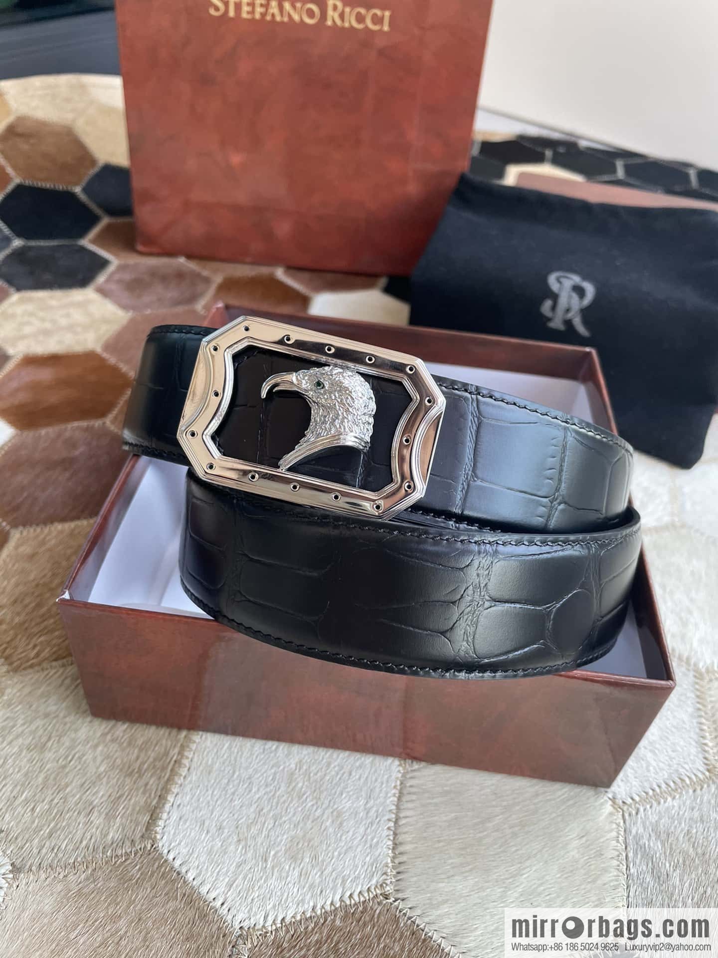 STEFANO RICCI Stephen Raunich Counter Stainless Steel Eagle Head Inner Wear Metal Buckle 3.8cm First Layer Cowhide Fine Imitation Crocodile Leather Belt