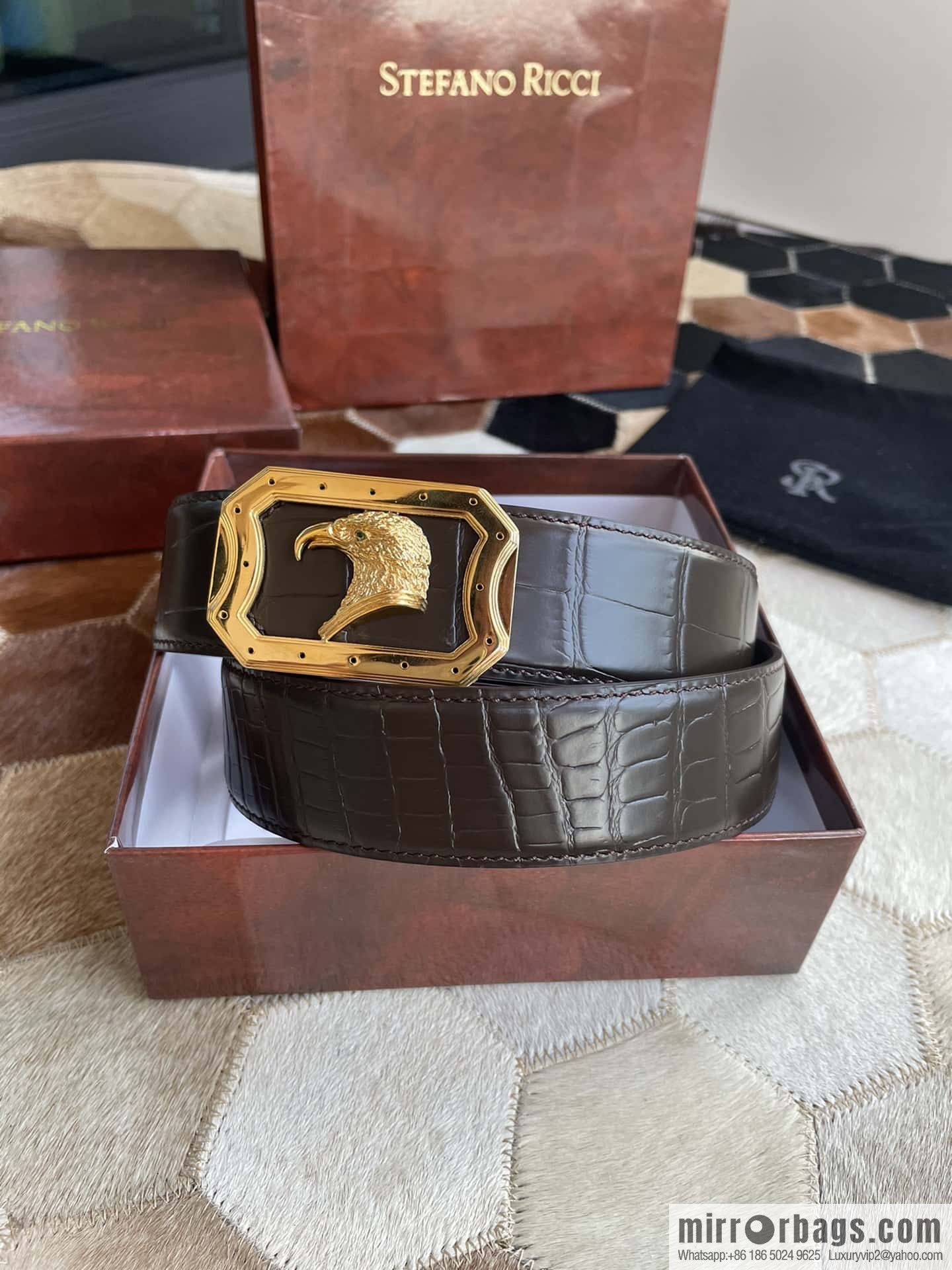 STEFANO RICCI Stephen Raunich Counter Stainless Steel Eagle Head Inner Wear Metal Buckle 3.8cm First Layer Cowhide Fine Imitation Crocodile Leather Belt