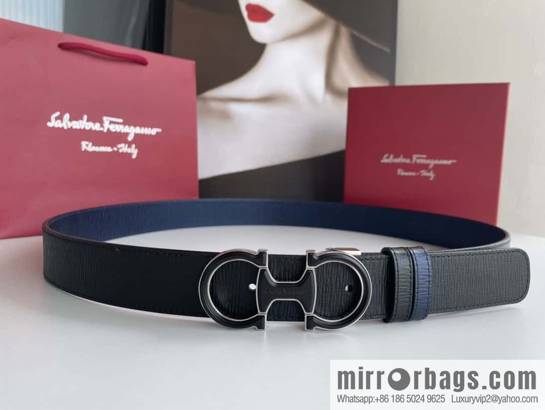 Ferragamo Men's Exquisite Acrylic Metal Buckle Top Cowhide Double-sided External Belt 3.5cm