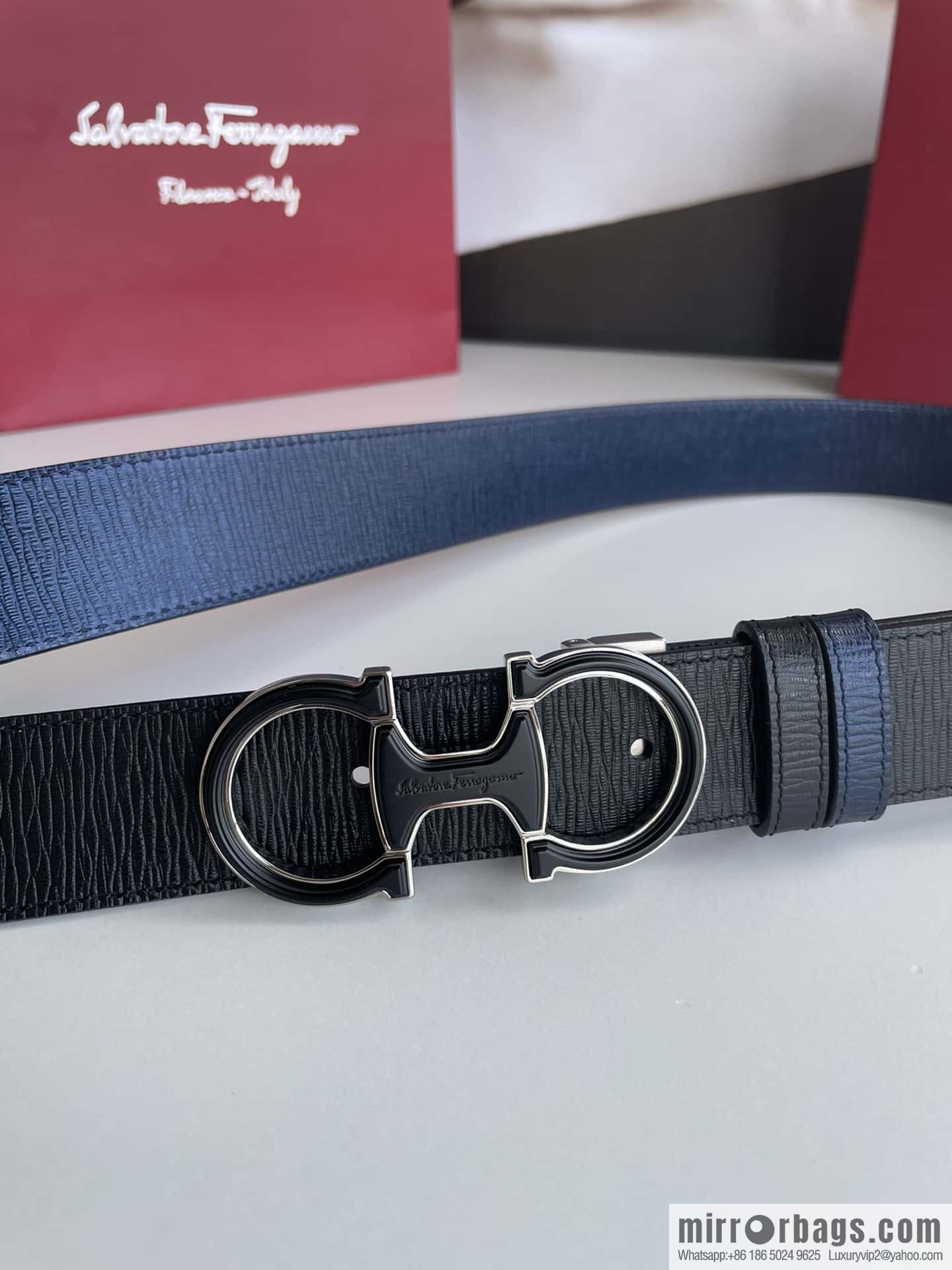 Ferragamo Men's Exquisite Acrylic Metal Buckle Top Cowhide Double-sided External Belt 3.5cm
