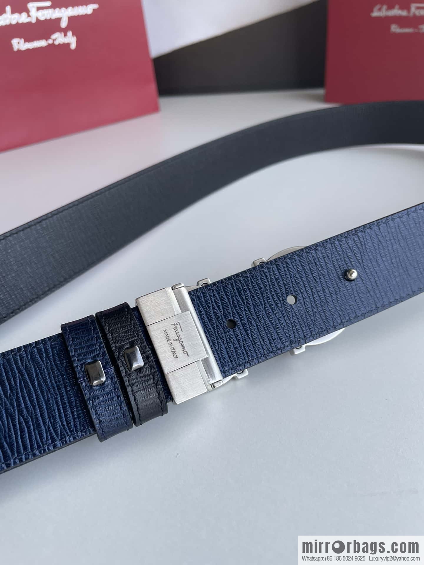 Ferragamo Men's Exquisite Acrylic Metal Buckle Top Cowhide Double-sided External Belt 3.5cm