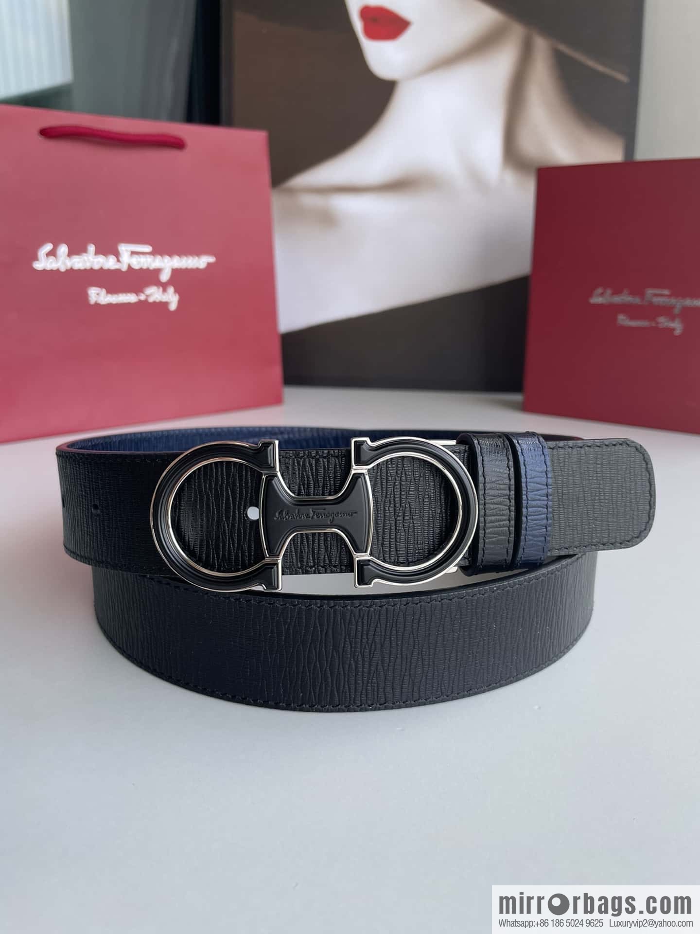 Ferragamo Men's Exquisite Acrylic Metal Buckle Top Cowhide Double-sided External Belt 3.5cm