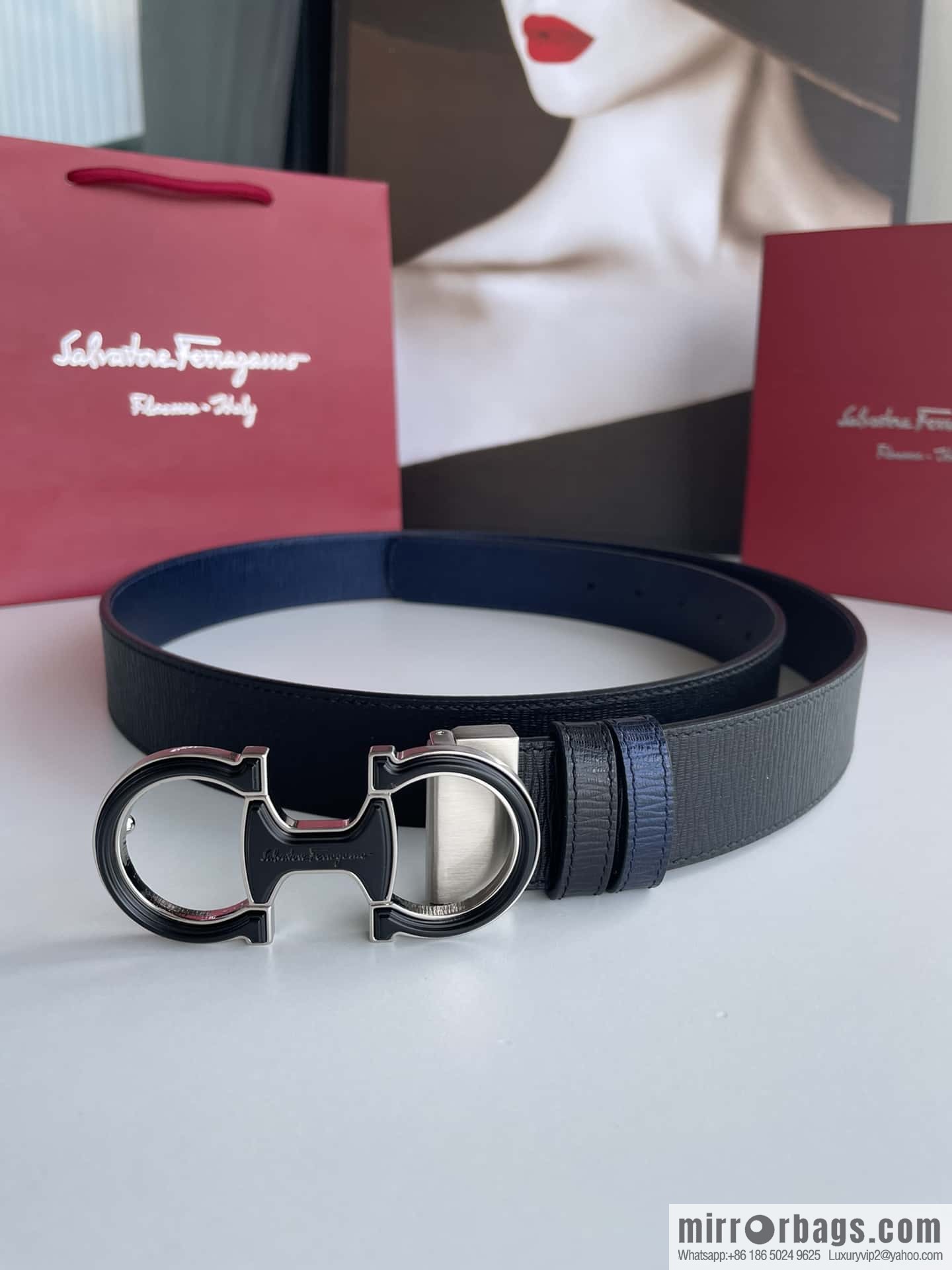 Ferragamo Men's Exquisite Acrylic Metal Buckle Top Cowhide Double-sided External Belt 3.5cm