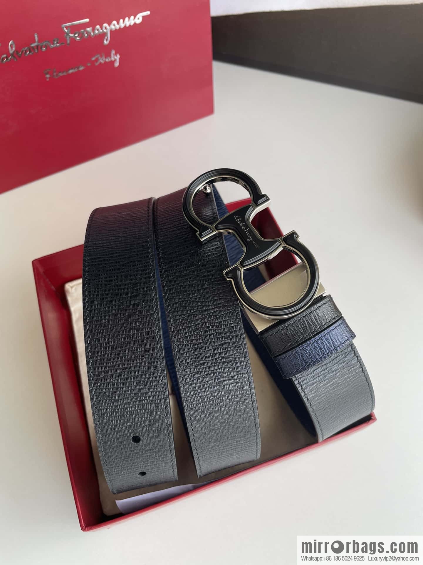 Ferragamo Men's Exquisite Acrylic Metal Buckle Top Cowhide Double-sided External Belt 3.5cm