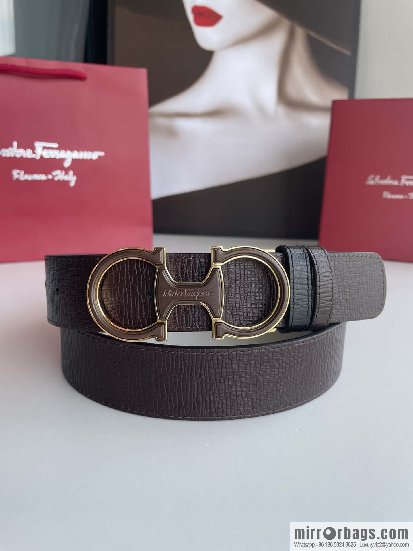 Ferragamo Men's Exquisite Acrylic Metal Buckle Top Cowhide Double-sided External Belt 3.5cm