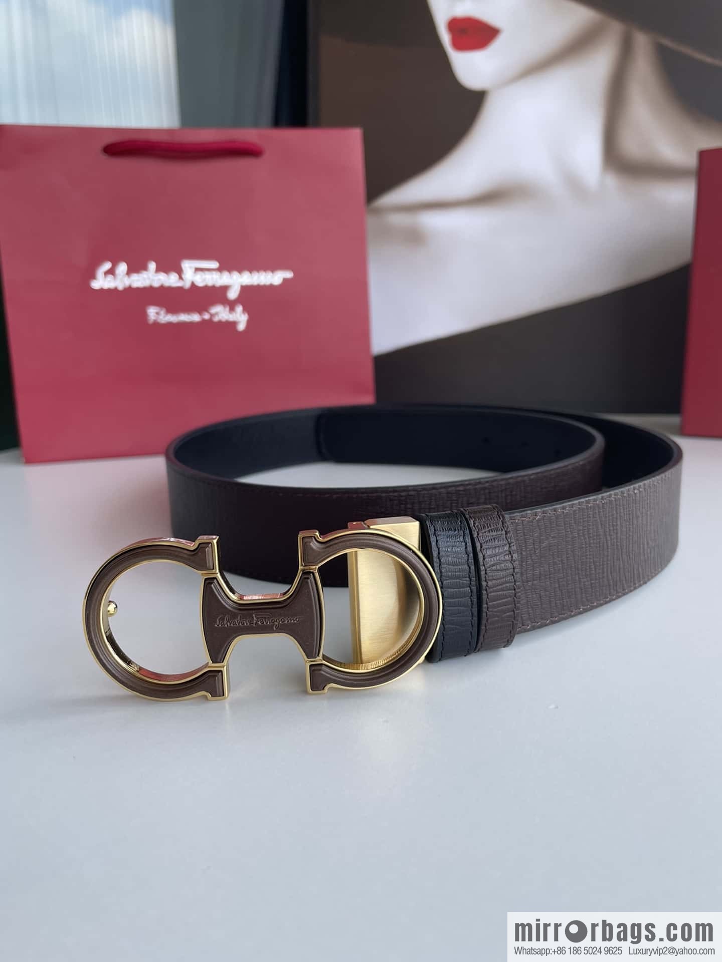 Ferragamo Men's Exquisite Acrylic Metal Buckle Top Cowhide Double-sided External Belt 3.5cm