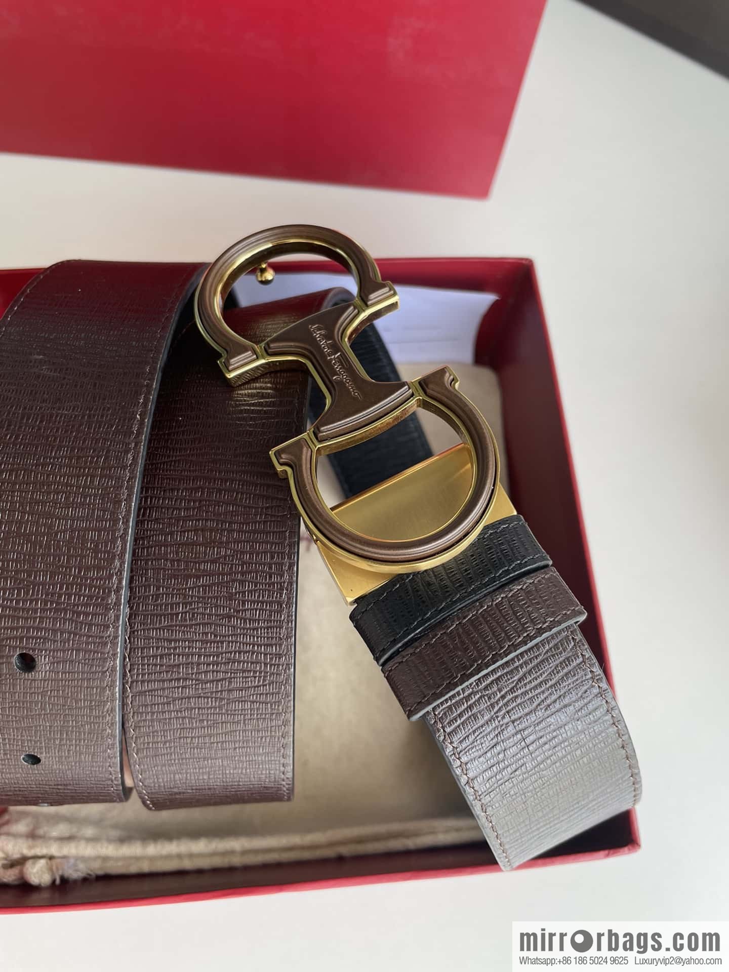 Ferragamo Men's Exquisite Acrylic Metal Buckle Top Cowhide Double-sided External Belt 3.5cm
