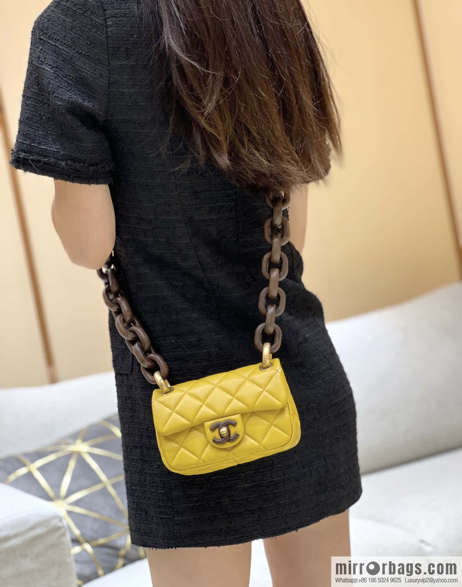 CHANEL 23A Premium Handicraft Workshop Series, Dakar mahogany cf big mini bag AS4165 yellow