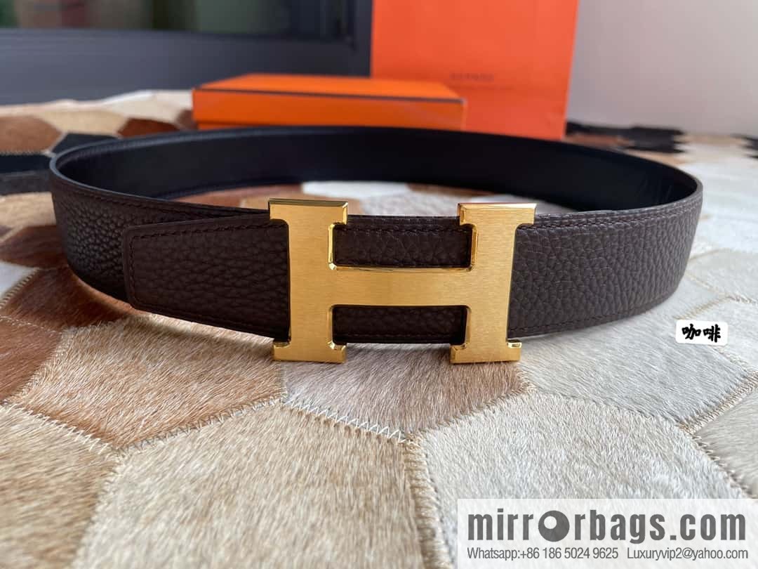 Hermes Hermes with H Gold/Silver Metal Solder Joint Buckle Men's Double-Sided Leather Belt 38mm