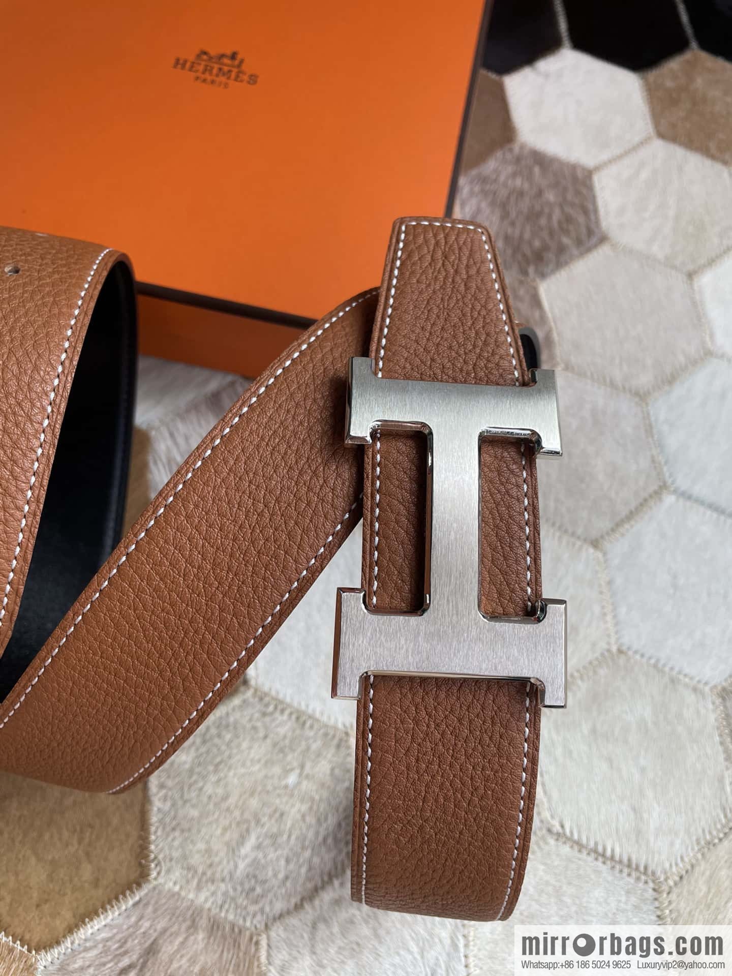Hermes Hermes with H Gold/Silver Metal Solder Joint Buckle Men's Double-Sided Leather Belt 38mm