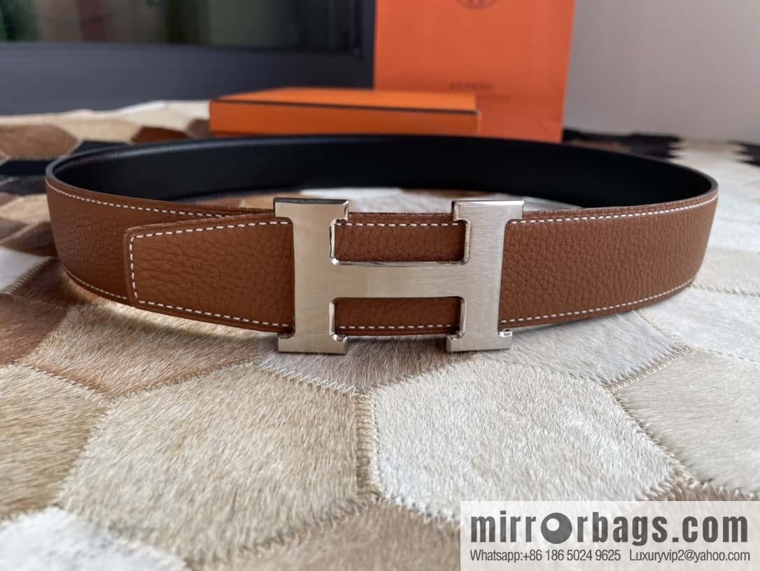 Hermes Hermes with H Gold/Silver Metal Solder Joint Buckle Men's Double-Sided Leather Belt 38mm