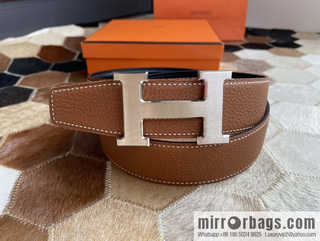 Hermes Hermes with H Gold/Silver Metal Solder Joint Buckle Men's Double-Sided Leather Belt 38mm