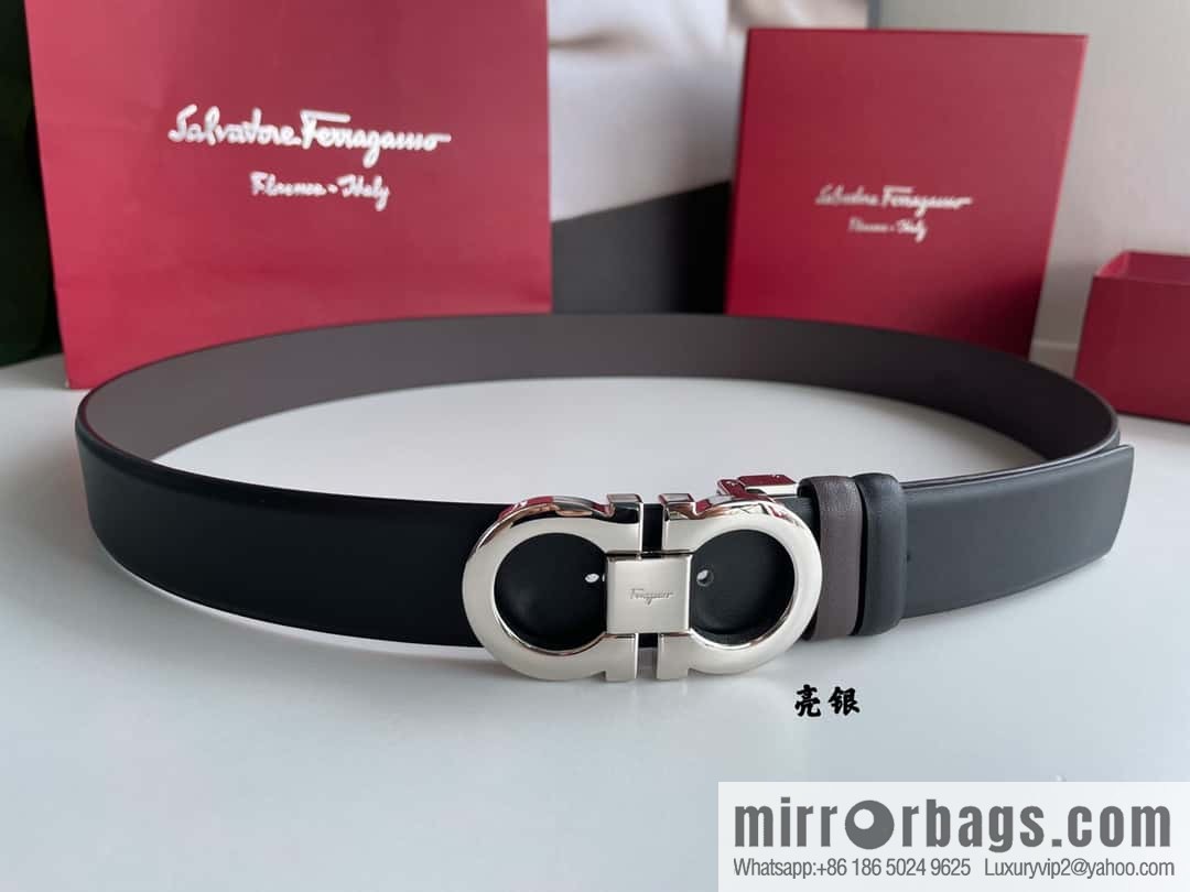 Salvatore Ferragamo Men's 3.5cm Exquisite Counter Version Double Circle Horseshoe Metal Buckle Belt