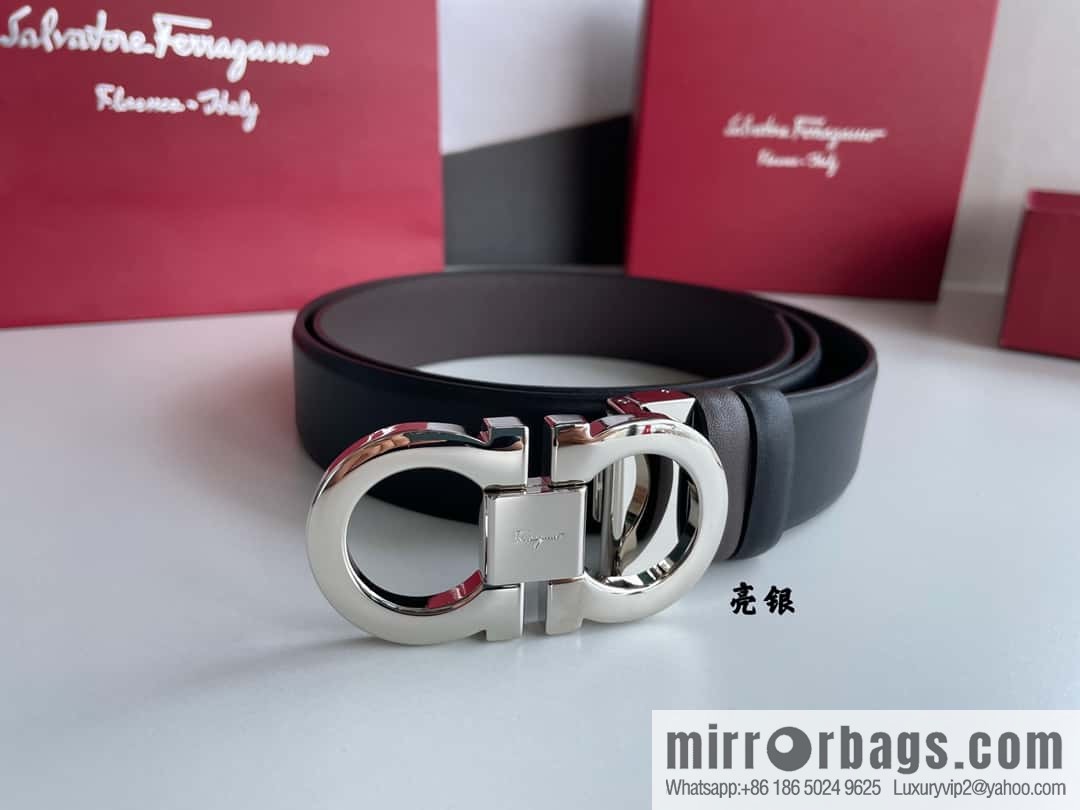 Salvatore Ferragamo Men's 3.5cm Exquisite Counter Version Double Circle Horseshoe Metal Buckle Belt