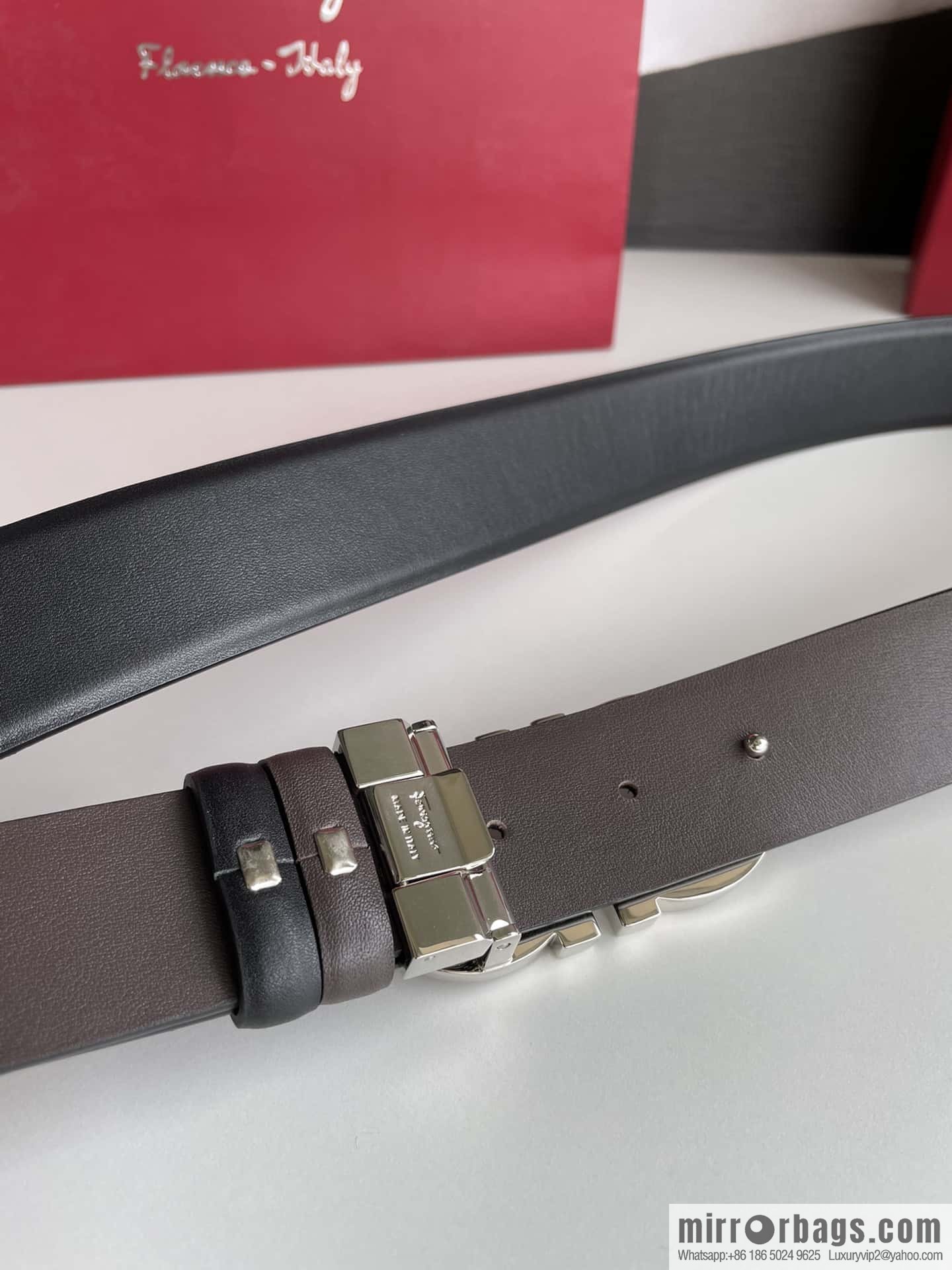 Salvatore Ferragamo Men's 3.5cm Exquisite Counter Version Double Circle Horseshoe Metal Buckle Belt