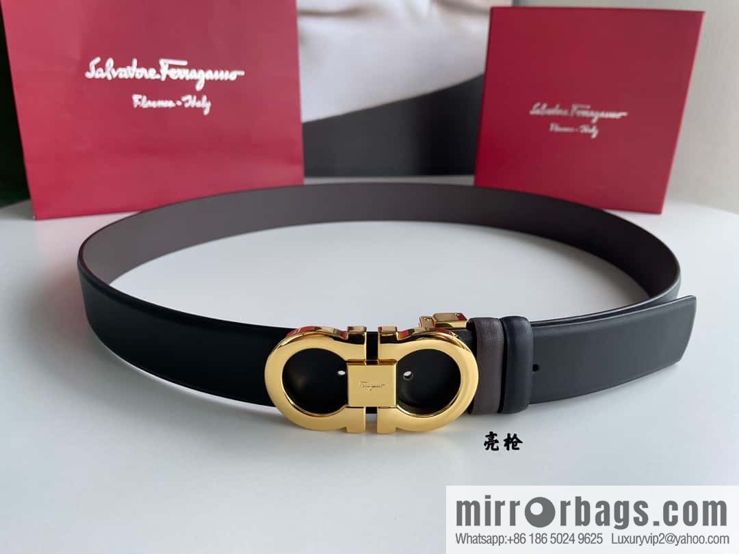 Salvatore Ferragamo Men's 3.5cm Exquisite Counter Version Double Circle Horseshoe Metal Buckle Belt