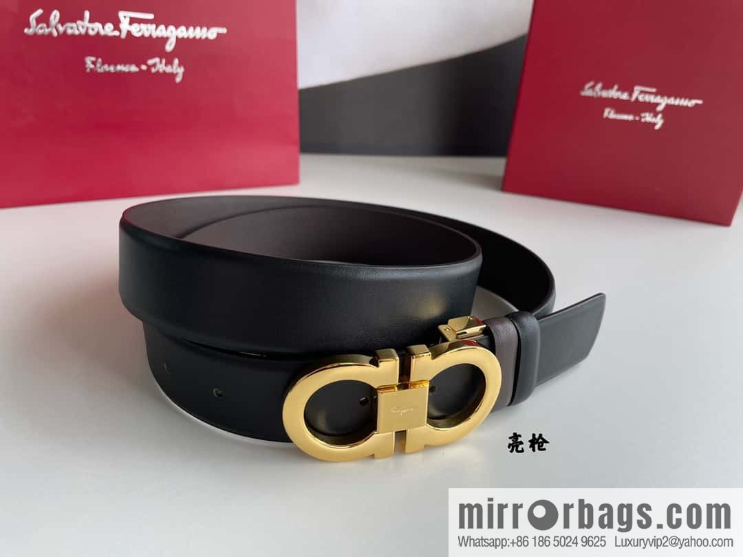Salvatore Ferragamo Men's 3.5cm Exquisite Counter Version Double Circle Horseshoe Metal Buckle Belt