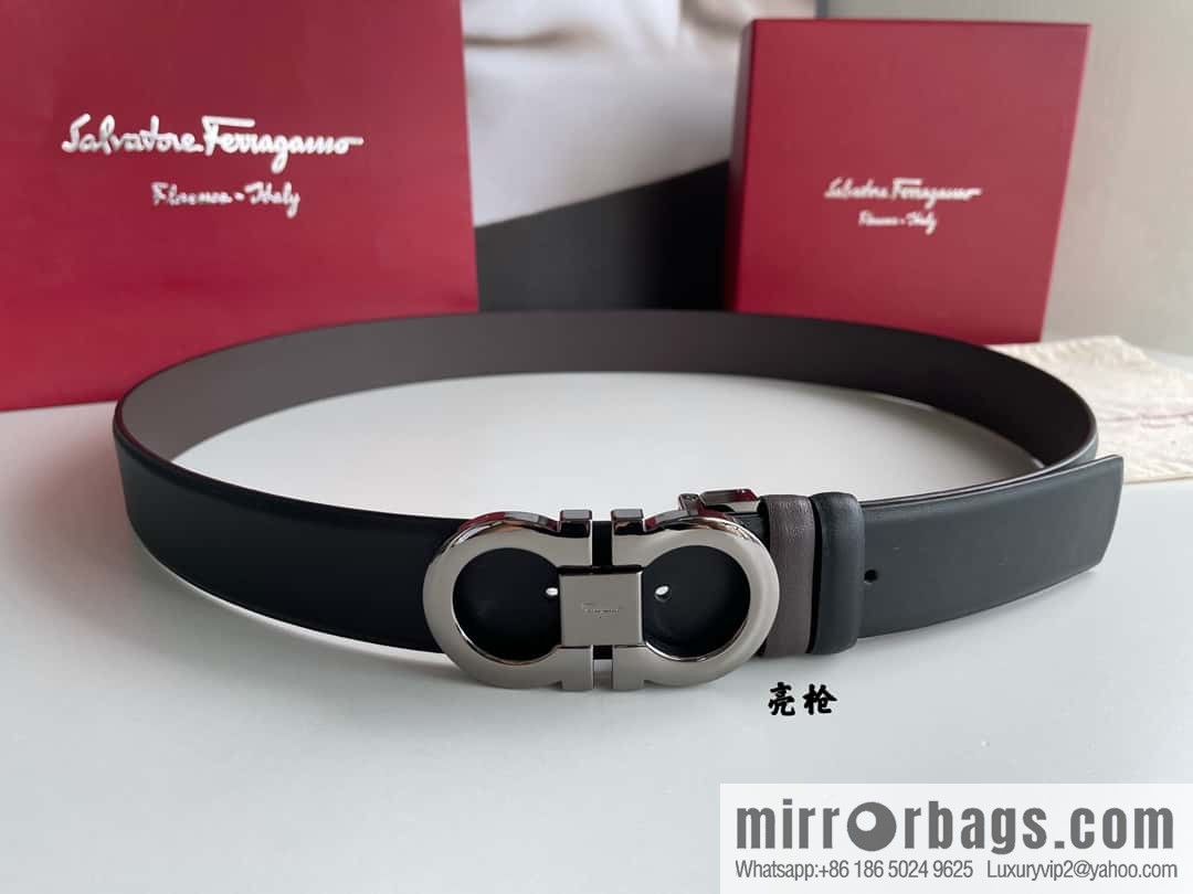 Salvatore Ferragamo Men's 3.5cm Exquisite Counter Version Double Circle Horseshoe Metal Buckle Belt