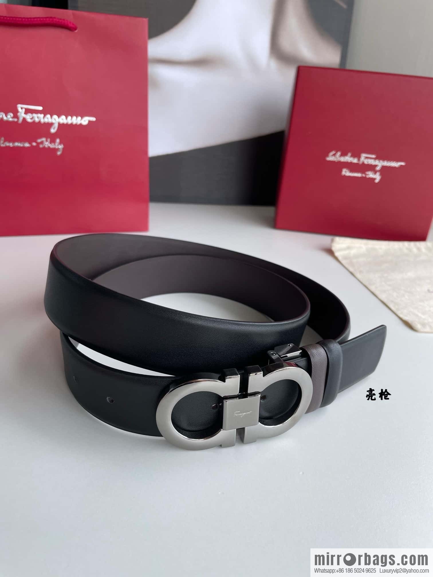 Salvatore Ferragamo Men's 3.5cm Exquisite Counter Version Double Circle Horseshoe Metal Buckle Belt
