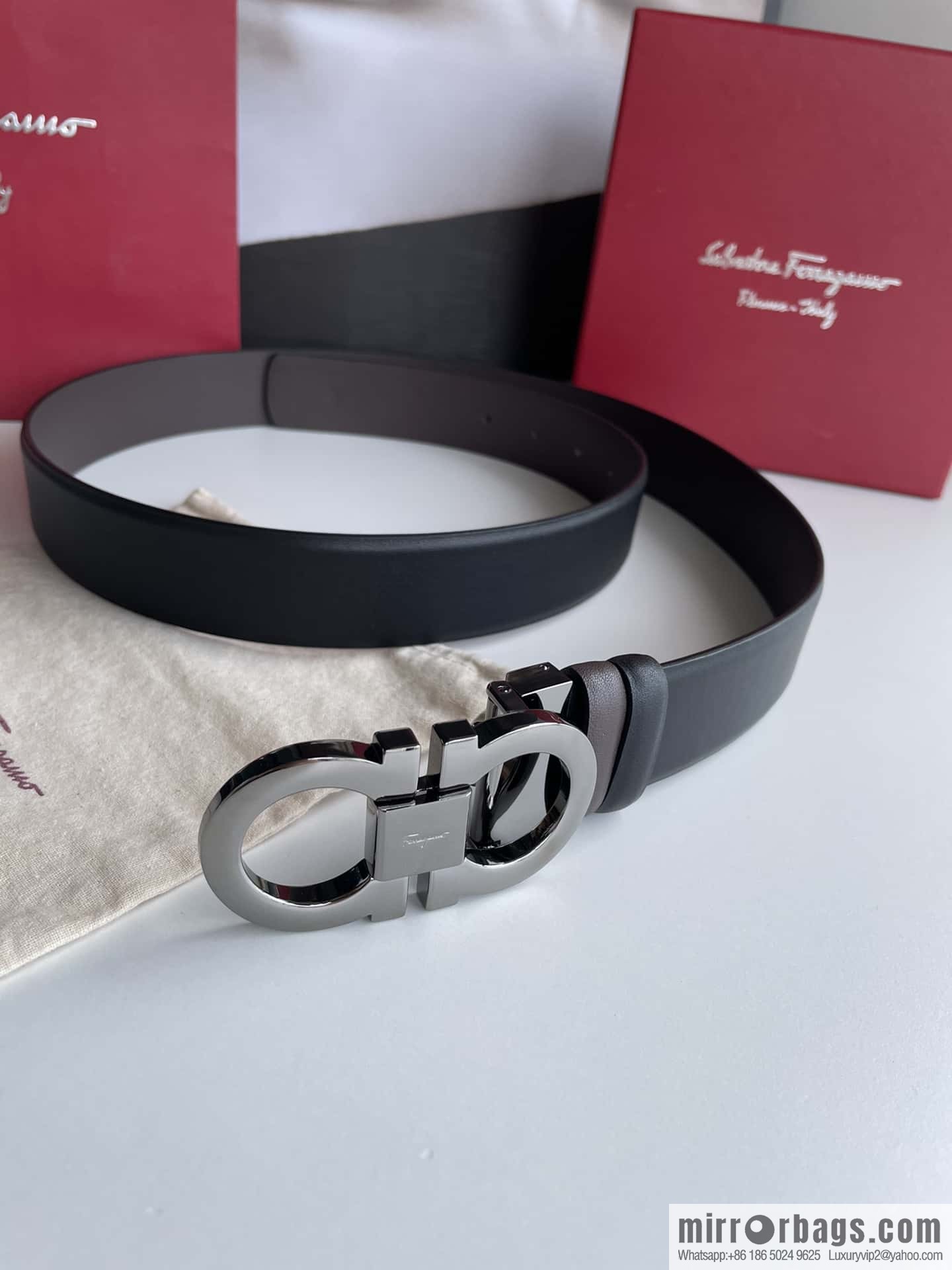 Salvatore Ferragamo Men's 3.5cm Exquisite Counter Version Double Circle Horseshoe Metal Buckle Belt