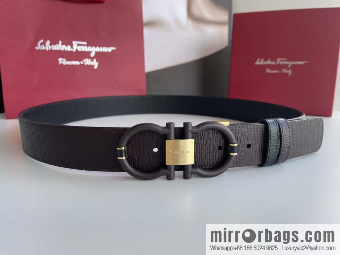 Salvatore Ferragamo Men's 3.5cm Delicate Double Circle Horseshoe Counter Version Metal Buckle Imported First Layer Cowhide Embossed Belt
