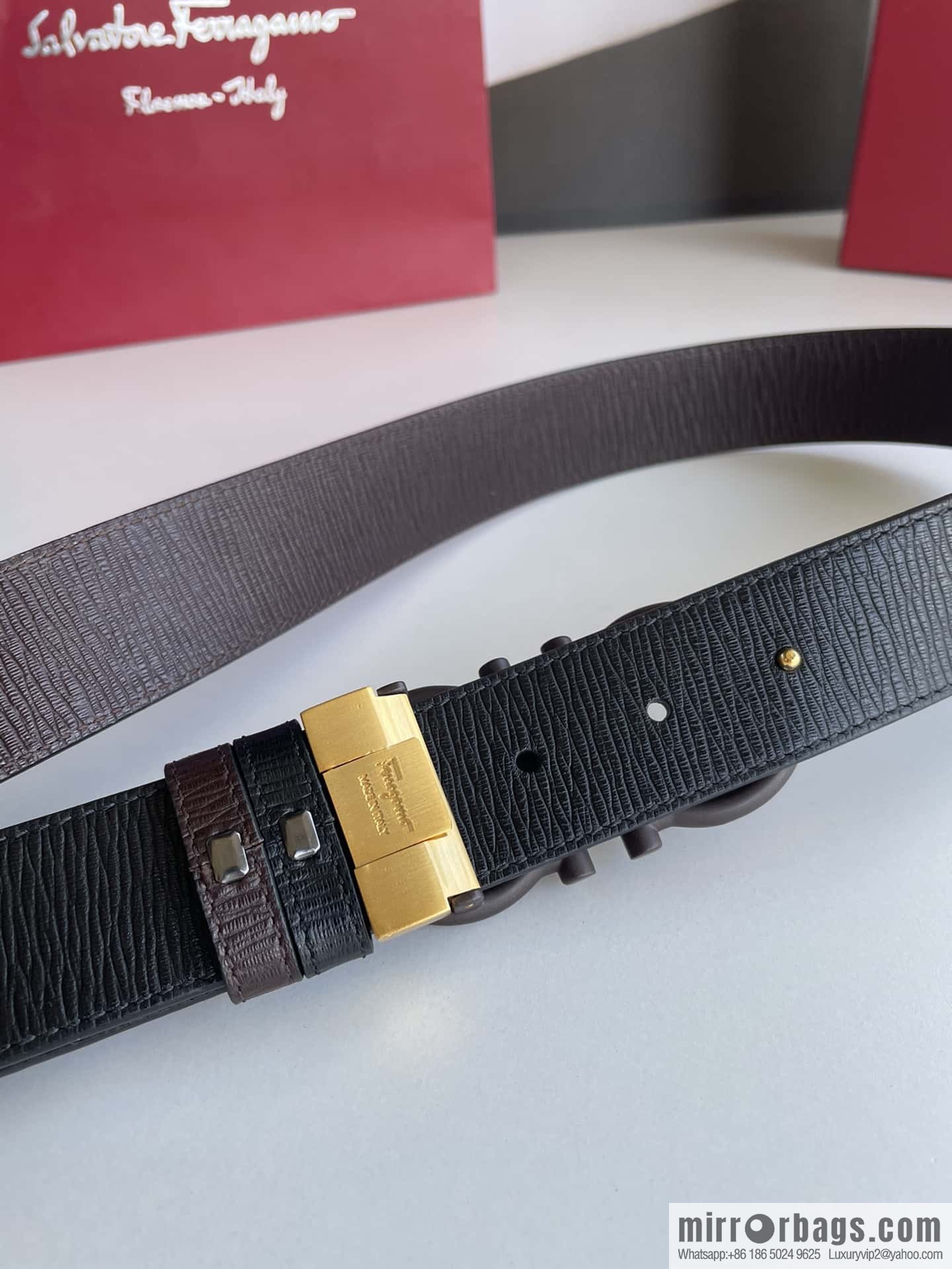 Salvatore Ferragamo Men's 3.5cm Delicate Double Circle Horseshoe Counter Version Metal Buckle Imported First Layer Cowhide Embossed Belt