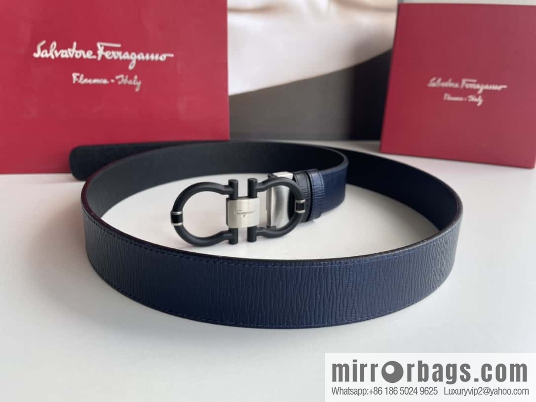 Salvatore Ferragamo Men's 3.5cm Delicate Double Circle Horseshoe Counter Version Metal Buckle Imported First Layer Cowhide Embossed Belt