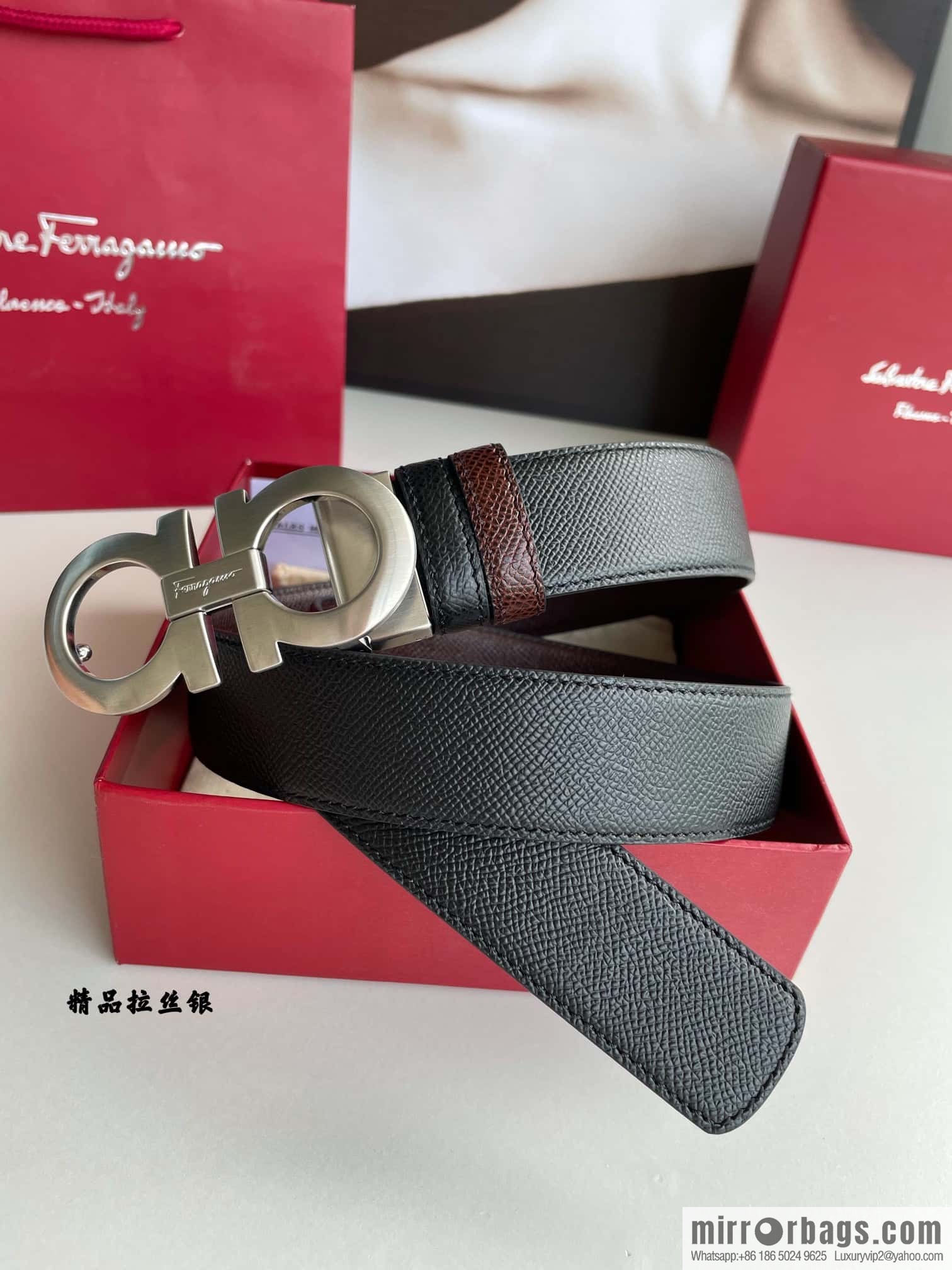 Ferragamo Ferragamo, double-sided with delicate first-layer cowhide cross-textured belt 3.5cm