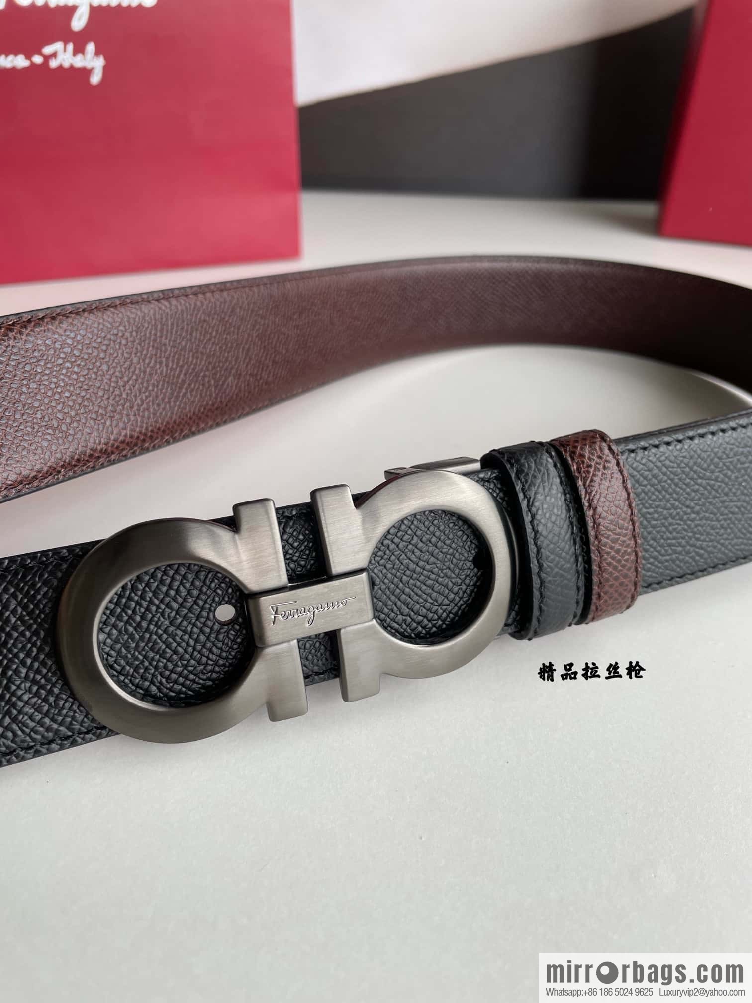 Ferragamo Ferragamo, double-sided with delicate first-layer cowhide cross-textured belt 3.5cm