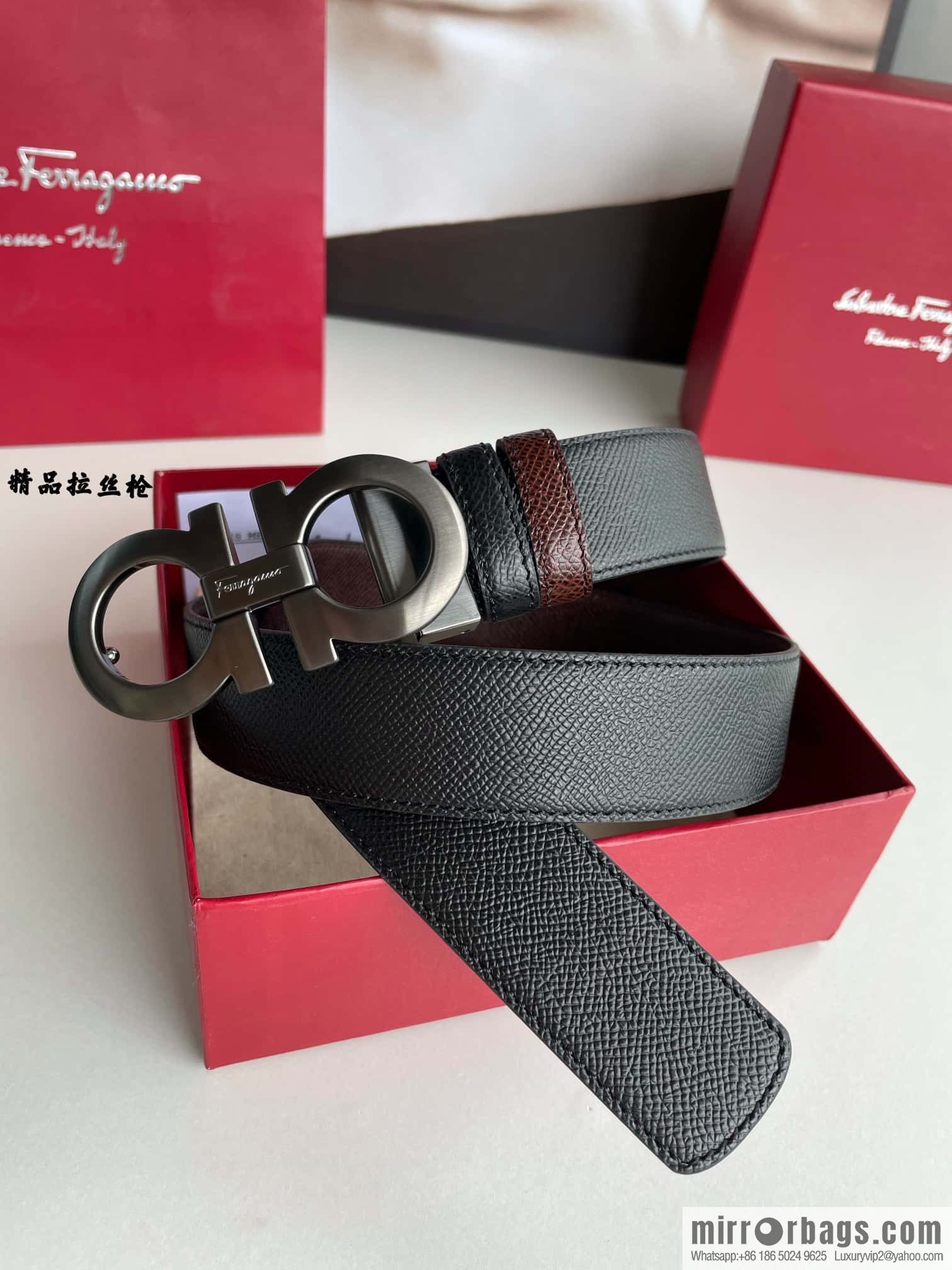 Ferragamo Ferragamo, double-sided with delicate first-layer cowhide cross-textured belt 3.5cm