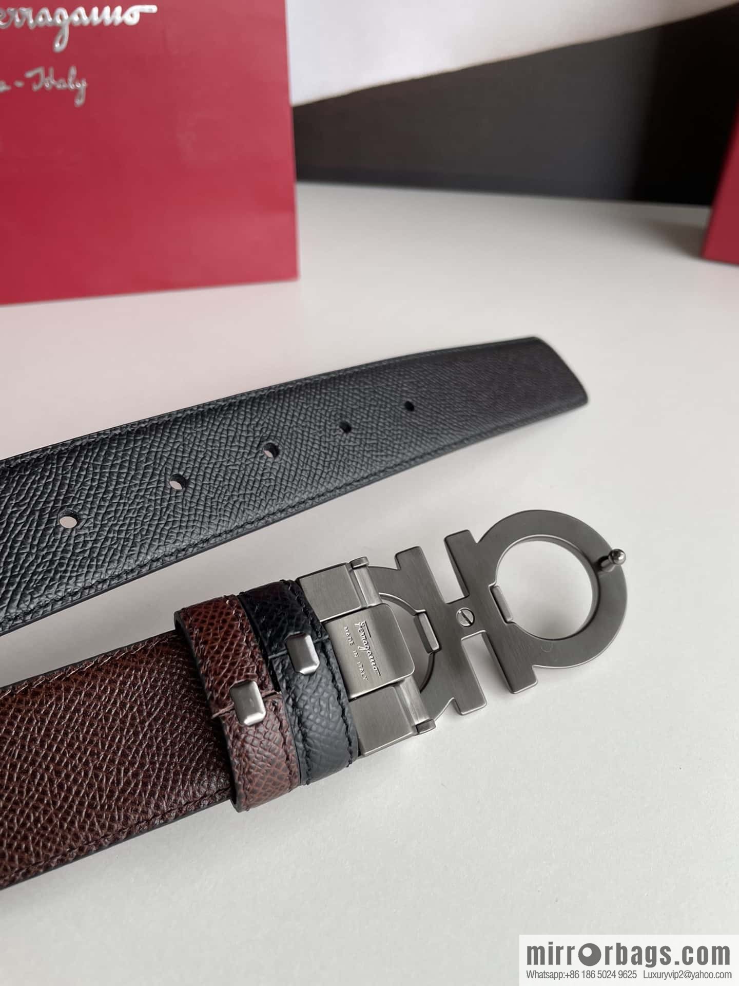 Ferragamo Ferragamo, double-sided with delicate first-layer cowhide cross-textured belt 3.5cm
