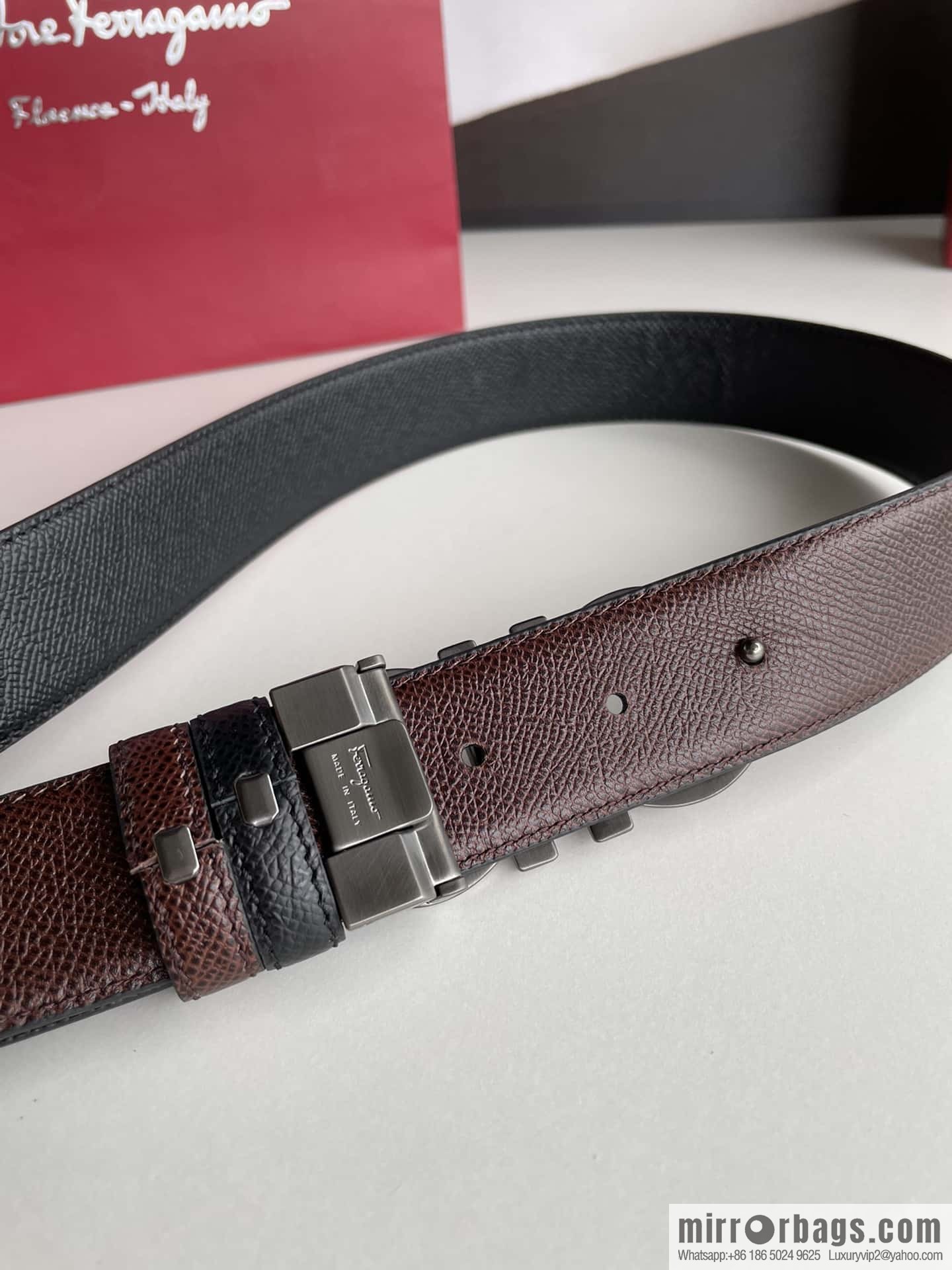 Ferragamo Ferragamo, double-sided with delicate first-layer cowhide cross-textured belt 3.5cm