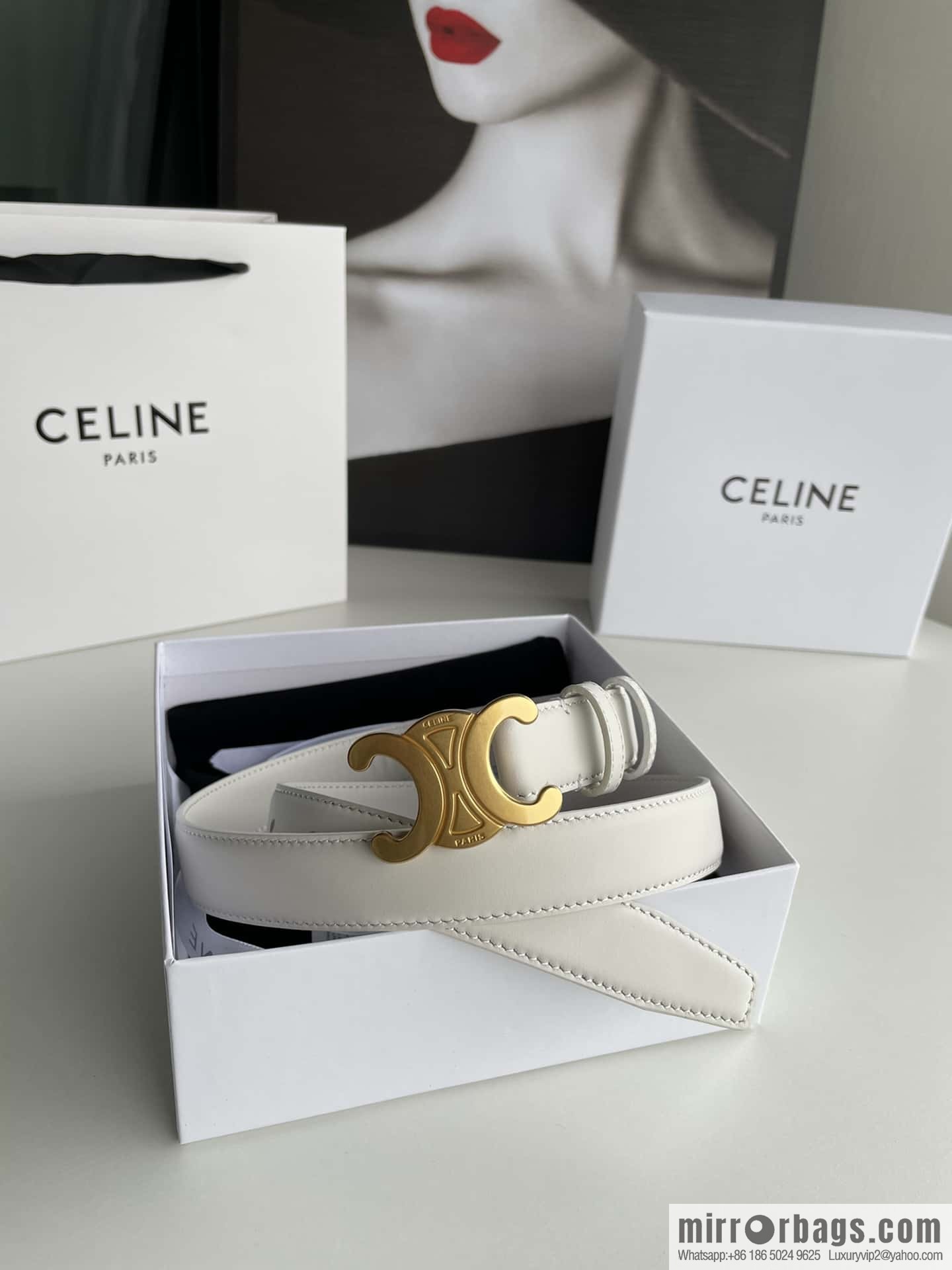 CELINE Arc de Triomphe logo gold buckle trendy belt 2.5cm