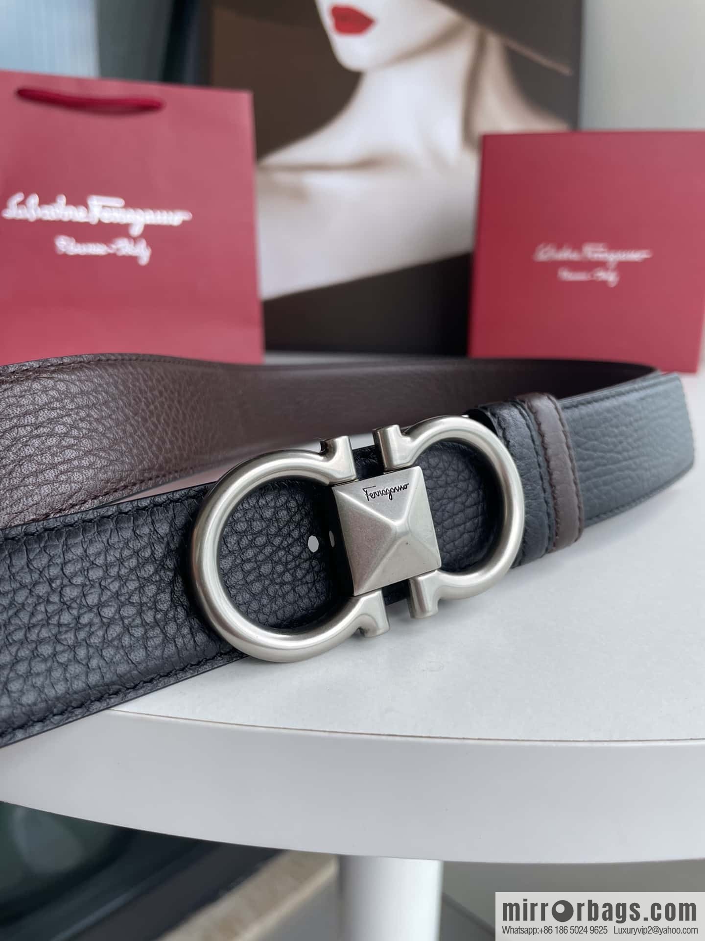 Salvatore Ferragamo, double-sided with first layer cowhide lychee texture 3.5cm belt