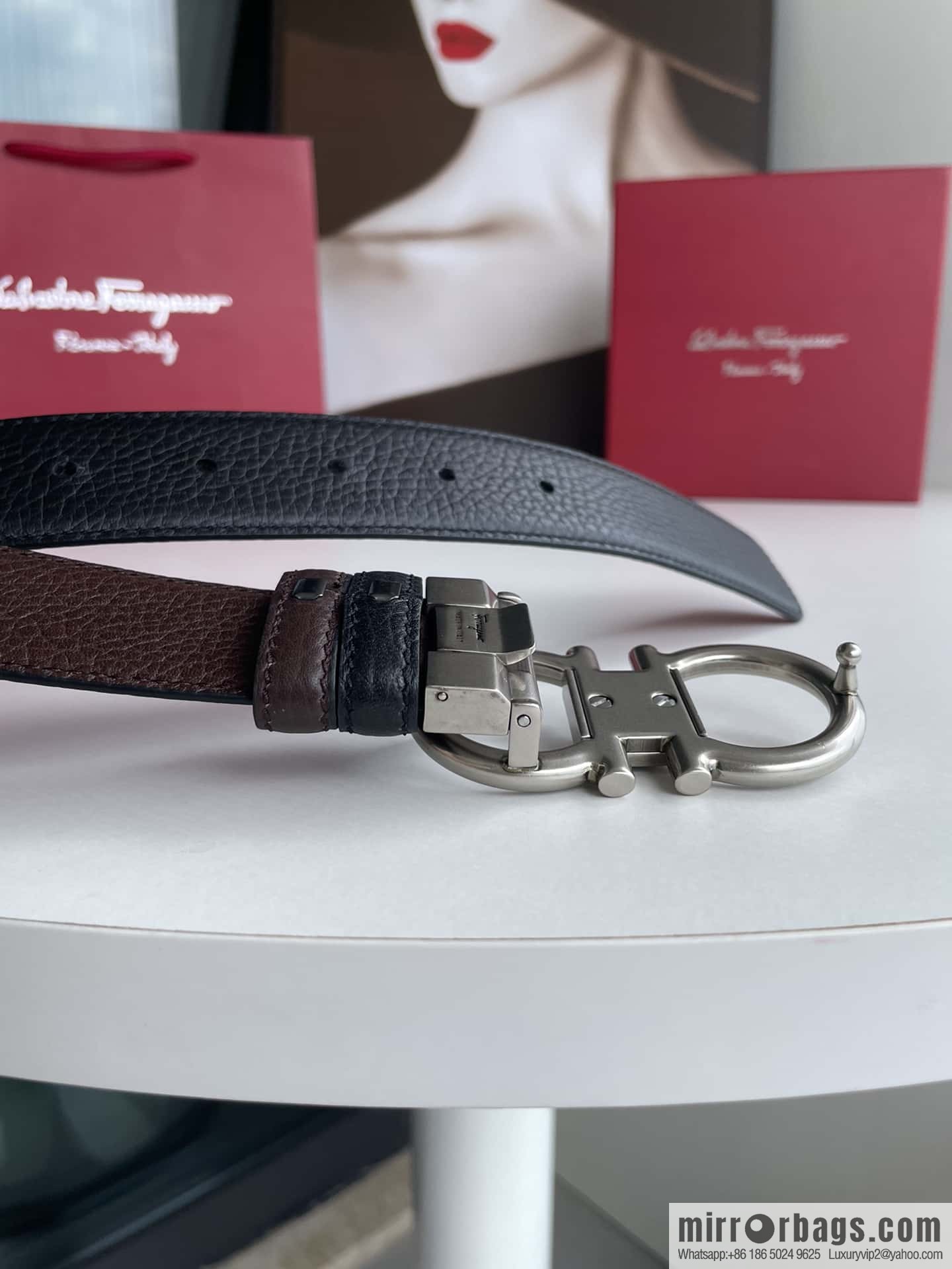 Salvatore Ferragamo, double-sided with first layer cowhide lychee texture 3.5cm belt