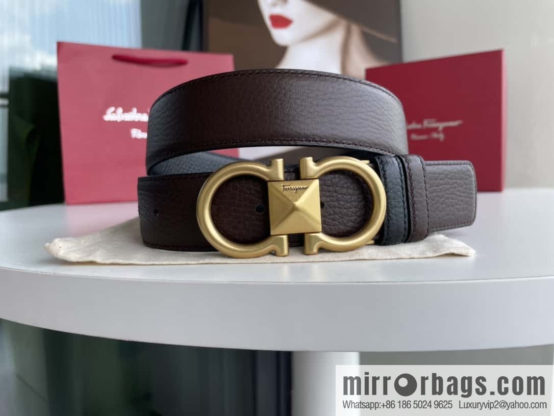 Salvatore Ferragamo, double-sided with first layer cowhide lychee texture 3.5cm belt