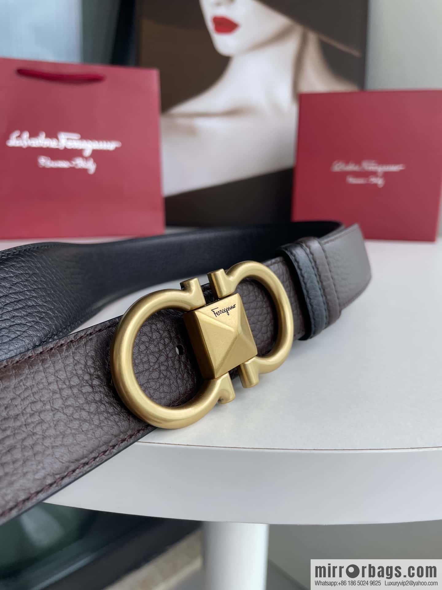 Salvatore Ferragamo, double-sided with first layer cowhide lychee texture 3.5cm belt