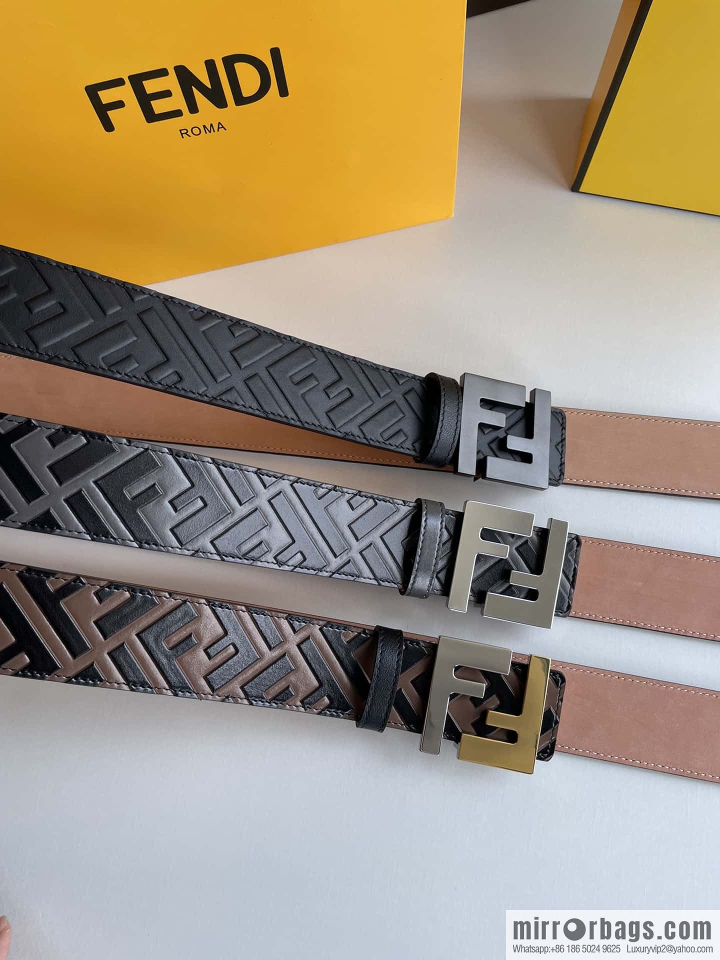 FENDI Fendi Men's FF Micro Standard Exquisite Craft Metal Buckle, First Layer Cowhide Belt 4.0cm