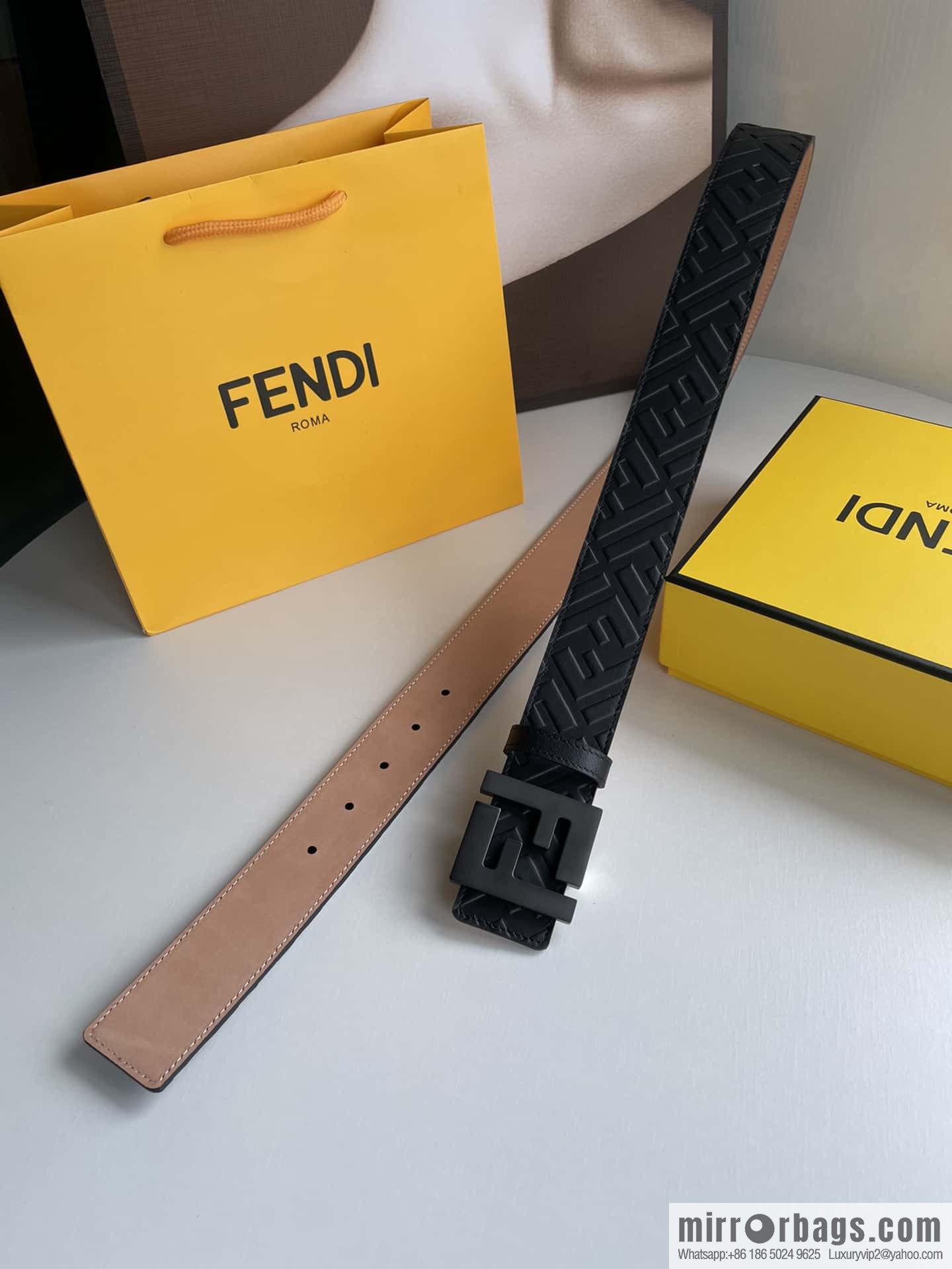 FENDI Fendi Men's FF Micro Standard Exquisite Craft Metal Buckle, First Layer Cowhide Belt 4.0cm
