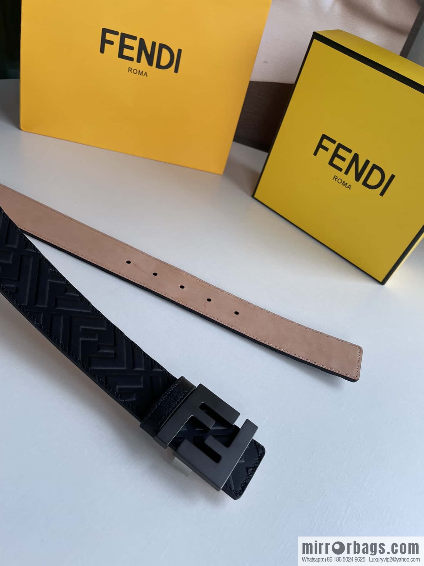 FENDI Fendi Men's FF Micro Standard Exquisite Craft Metal Buckle, First Layer Cowhide Belt 4.0cm