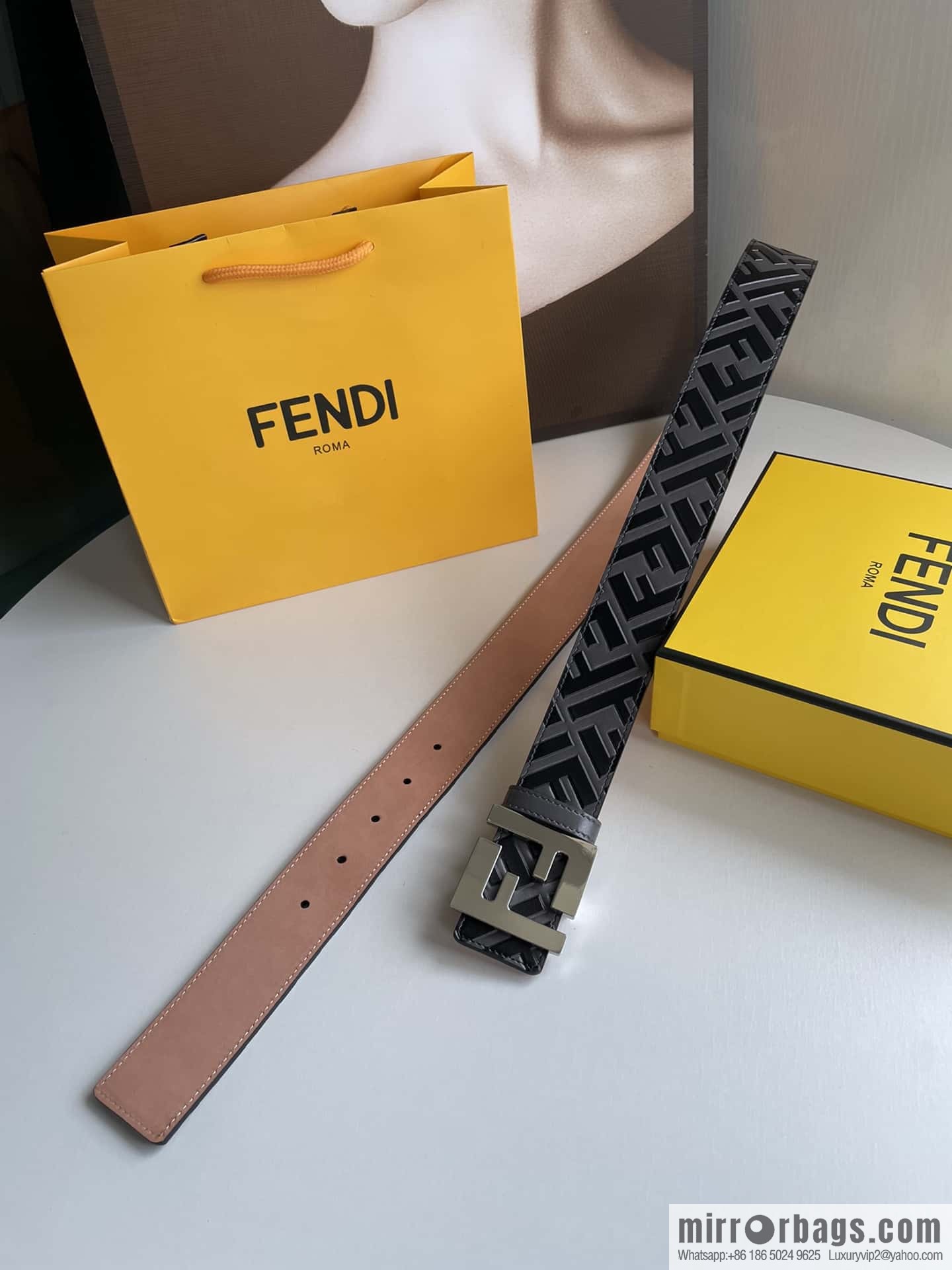 FENDI Fendi Men's FF Micro Standard Exquisite Craft Metal Buckle, First Layer Cowhide Belt 4.0cm