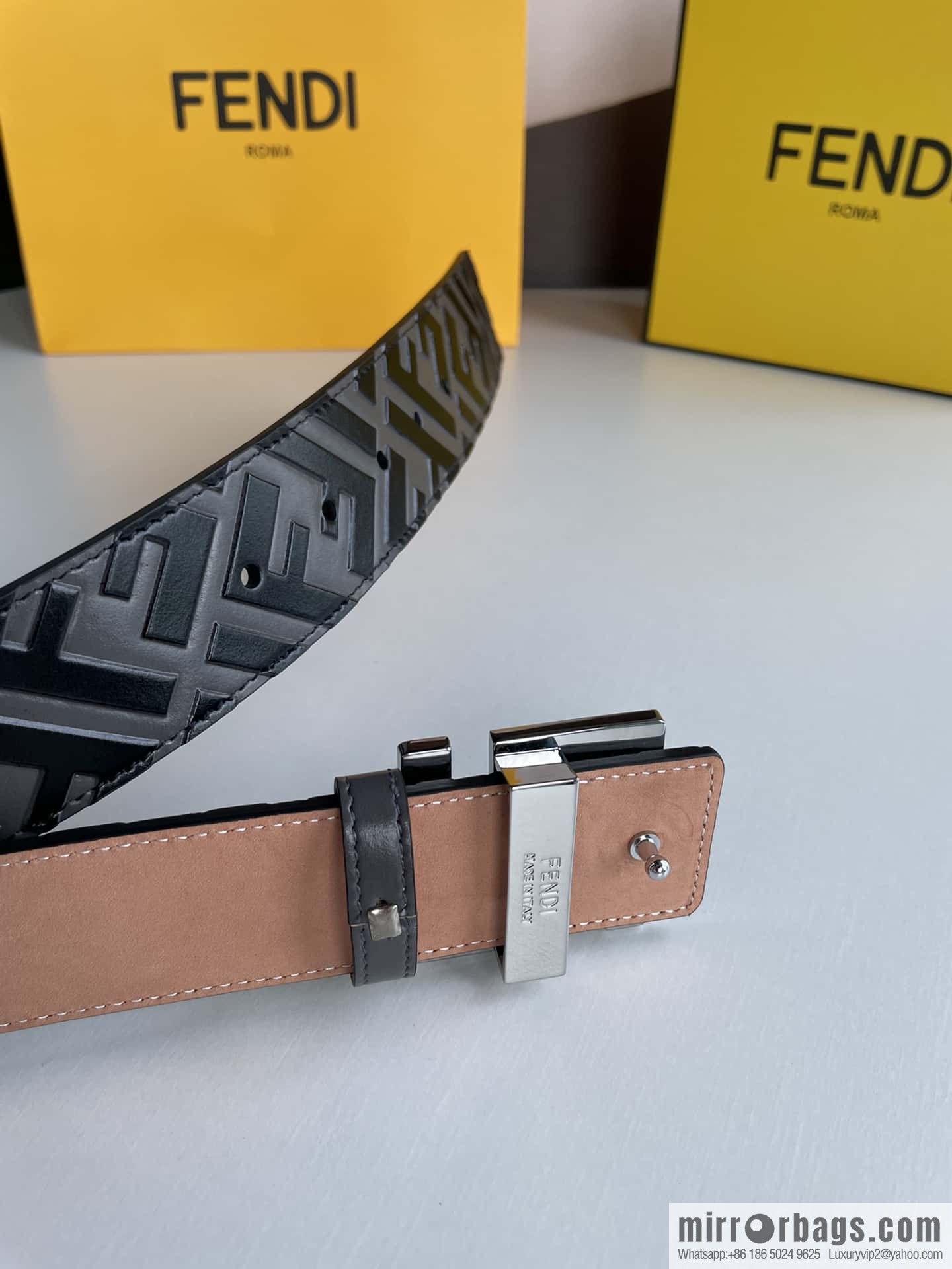 FENDI Fendi Men's FF Micro Standard Exquisite Craft Metal Buckle, First Layer Cowhide Belt 4.0cm