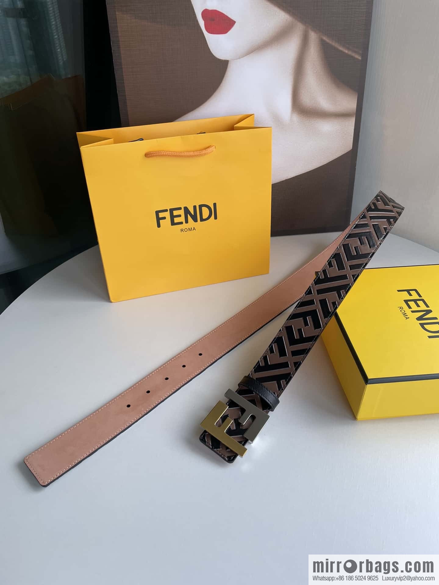 FENDI Fendi Men's FF Micro Standard Exquisite Craft Metal Buckle, First Layer Cowhide Belt 4.0cm