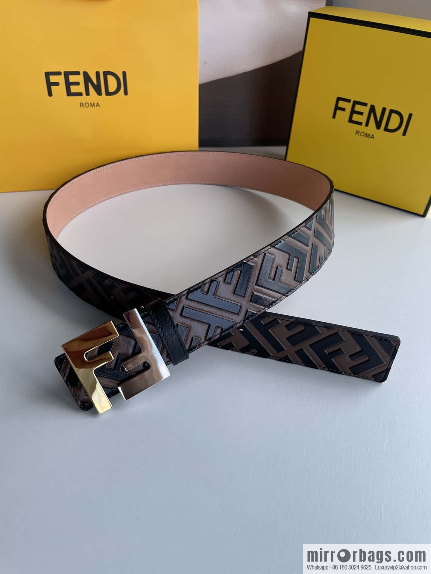 FENDI Fendi Men's FF Micro Standard Exquisite Craft Metal Buckle, First Layer Cowhide Belt 4.0cm