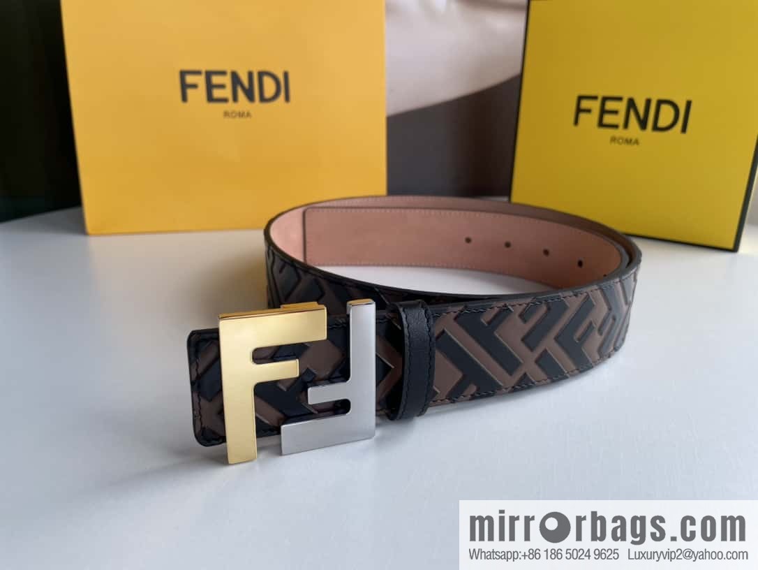 FENDI Fendi Men's FF Micro Standard Exquisite Craft Metal Buckle, First Layer Cowhide Belt 4.0cm