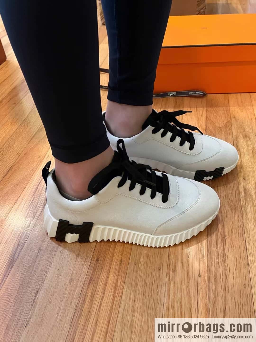 Hermes black and white leather casual sneakers