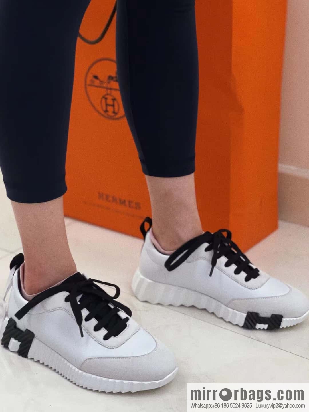 Hermes black and white leather casual sneakers